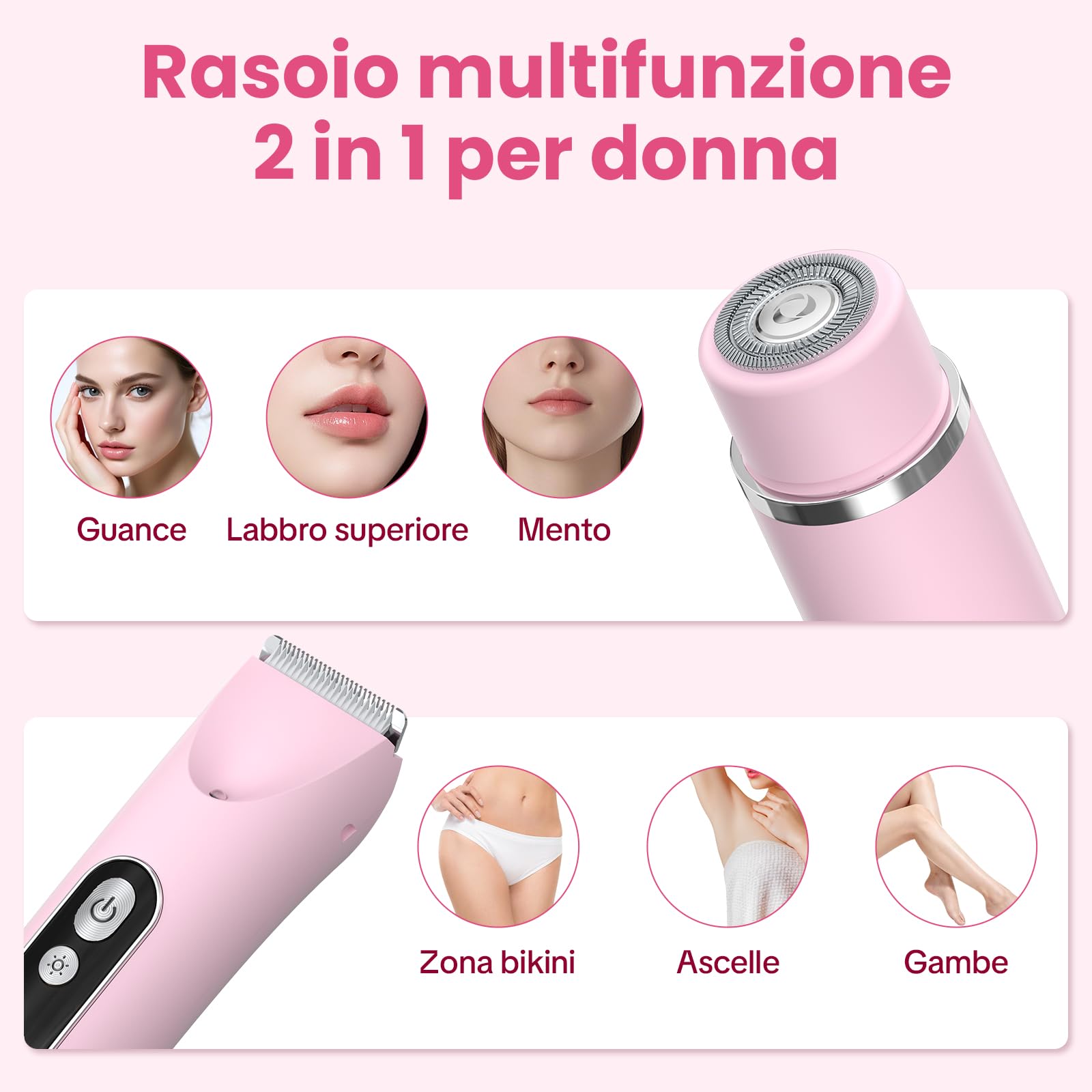 Rasoio Donna 2 in 1 Elettrico, Doppia Testina con Ricarica Type-C, IPX7 Impermeabile, Rasoio Corpo Donna per Gambe, Ascelle e Zona Bikini, Uso Bagnato e Asciutto - 2