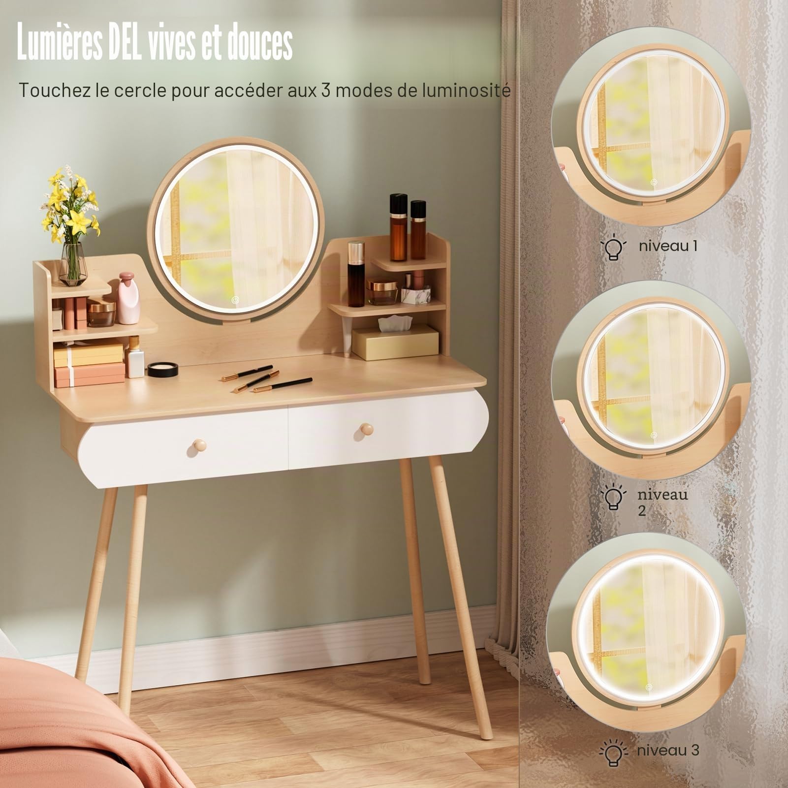 Coiffeuse en bois LED 3 couleurs, commode de maquillage chambre à coucher, miroir 2 tiroirs, table fille 80 cm