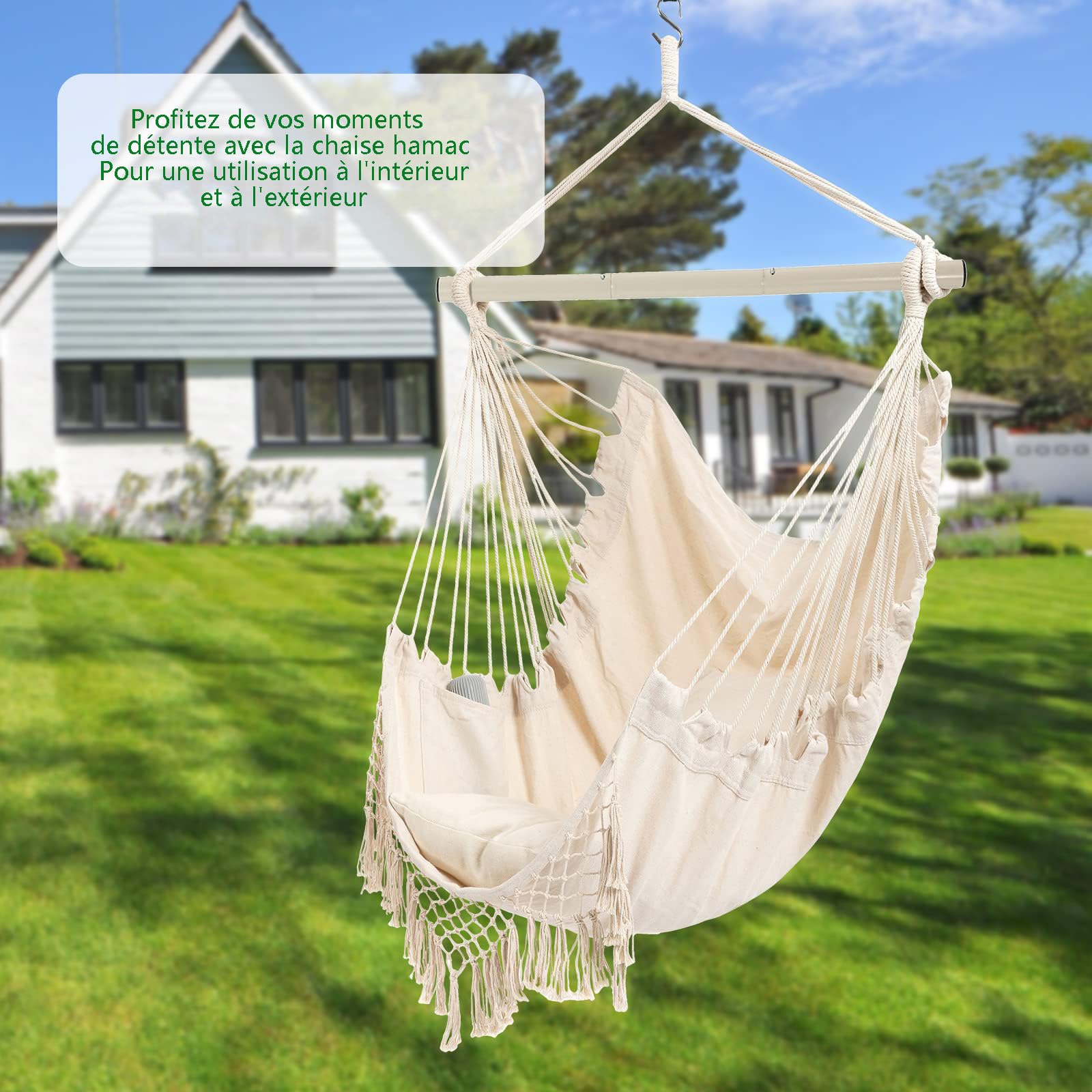 Chaise hamac, siège Suspendu avec 2 Coussins, Chaise Suspendue en macramé avec Poche latérale et Tige métallique à Haute capacité de Charge, pour l'intérieur et l'extérieur.
