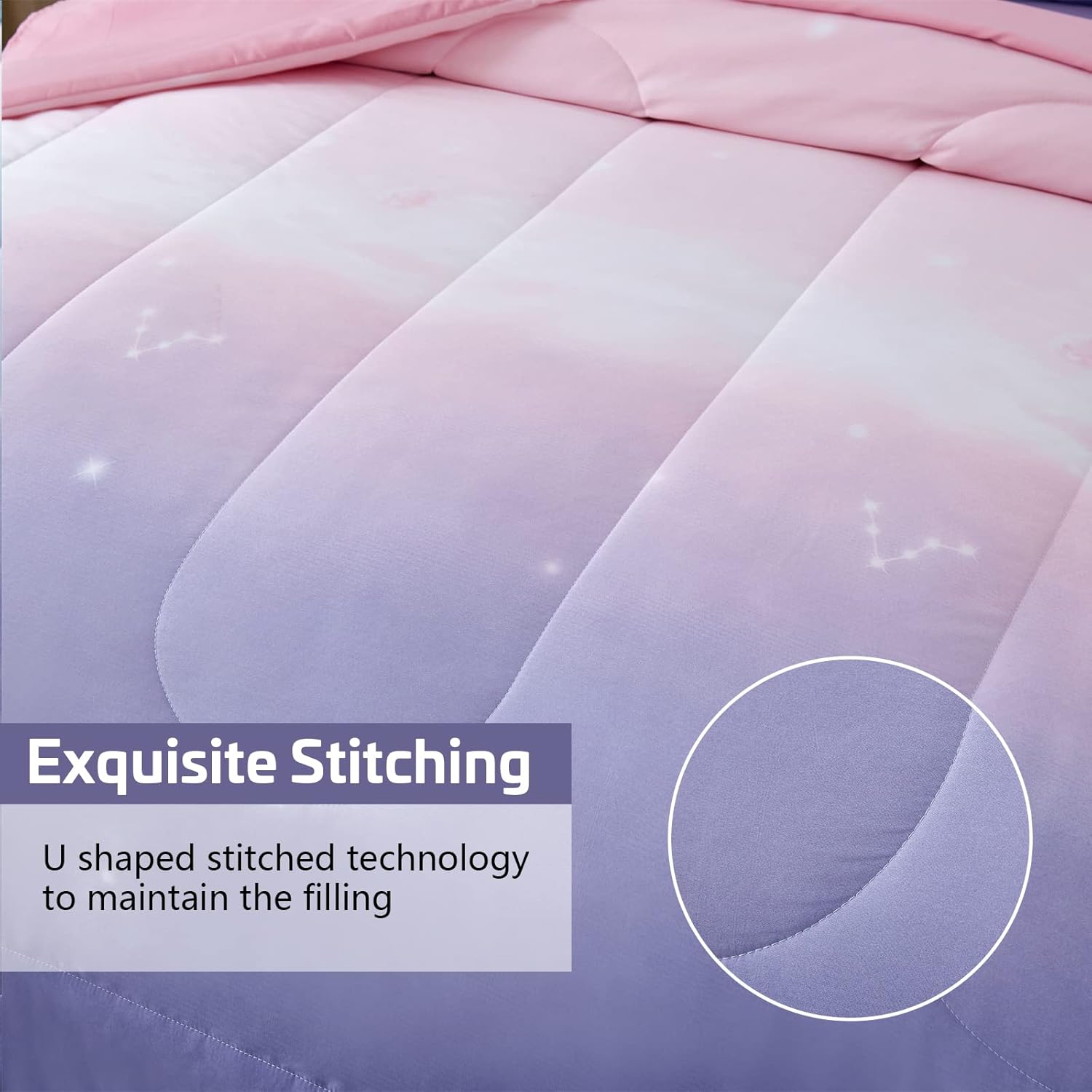 Dinjoy Girls Comforter Set Twin Size 6 Pieces Bed in A Bag Colorful Ombre Pink Purple Rainbow Bedding Set for Kids Teen (1 Comforter, 1 Flat Sheet, 1 Fitted Sheet, 1 Pillow sham, 2 Pillowcases) - Image 5