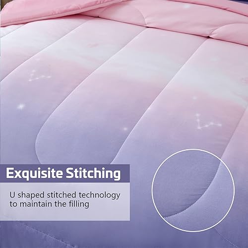 Miniatura 5 de Dinjoy Juego de edredón para niñas, tamaño Queen, 7 piezas, ropa de cama en una bolsa, colección de ropa de cama de arco iris rosa degradado, morado