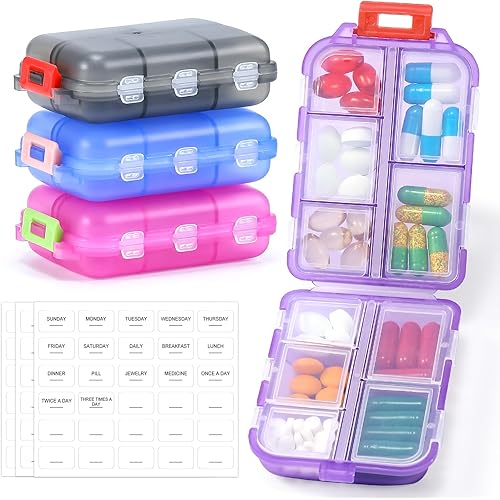 4 Pack Travel Pill Organizer w/Labels, Small 10 Grid Compartments Pocket Pharmacy, Handy Pill Holder Box - Portable Medicine Container Case - Mini Daily Weekly 7 Day Medication Organizer, Med Wallet