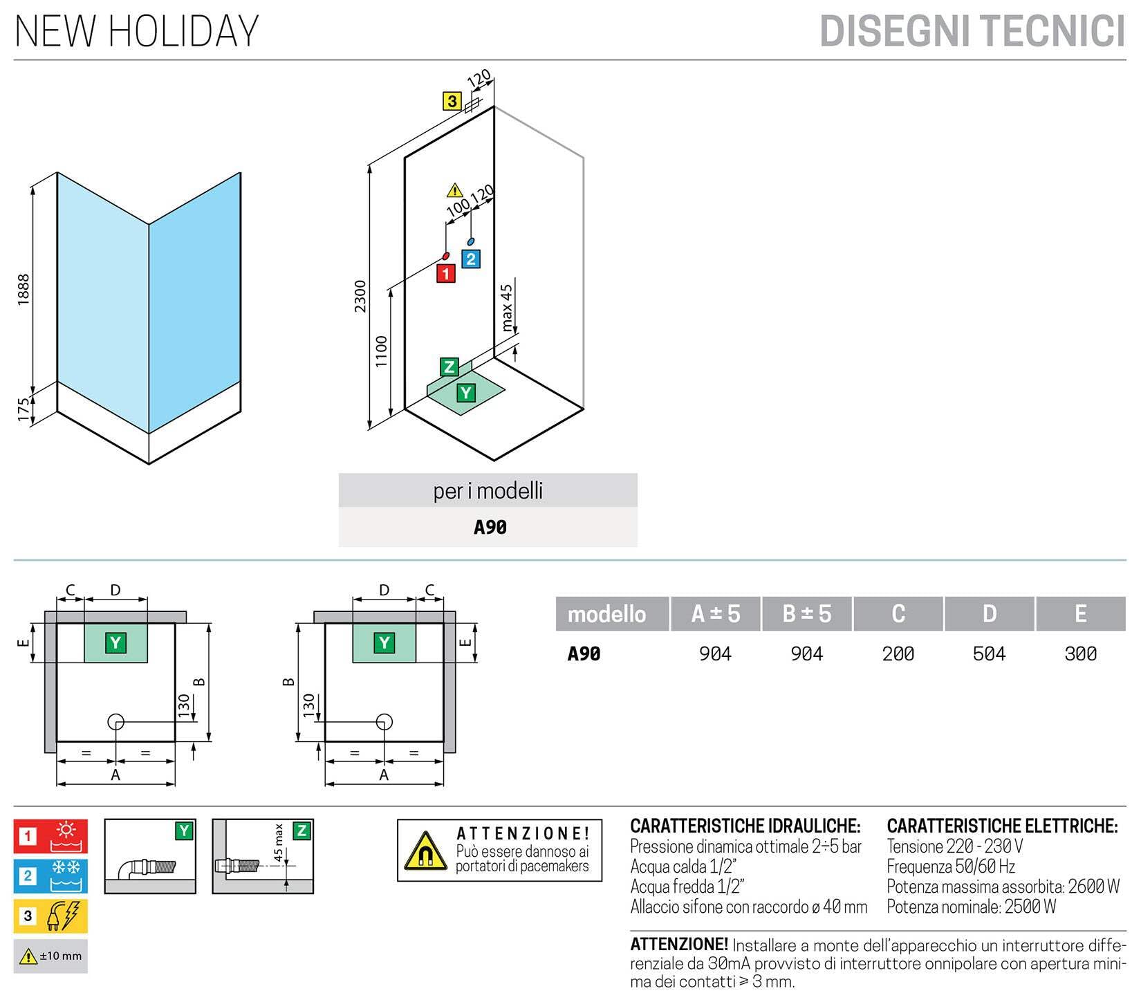 Novellini New Holiday A90 hidromasaje 90 x 90 cm cabina de ducha multifunción apertura 2 puertas correderas ángulo derecho izquierdo mezclador termostático cristal transparente perfil blanco altura