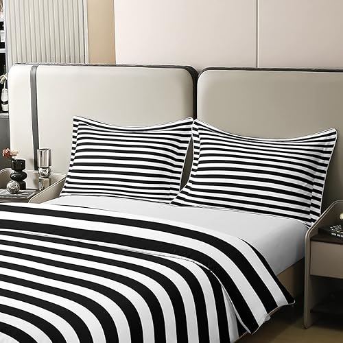 Miniatura 4 de Juego de funda de edredón 100% algodón a rayas, color negro y blanco, juego de ropa de cama matrimonial para niños, mujeres y hombres, funda de