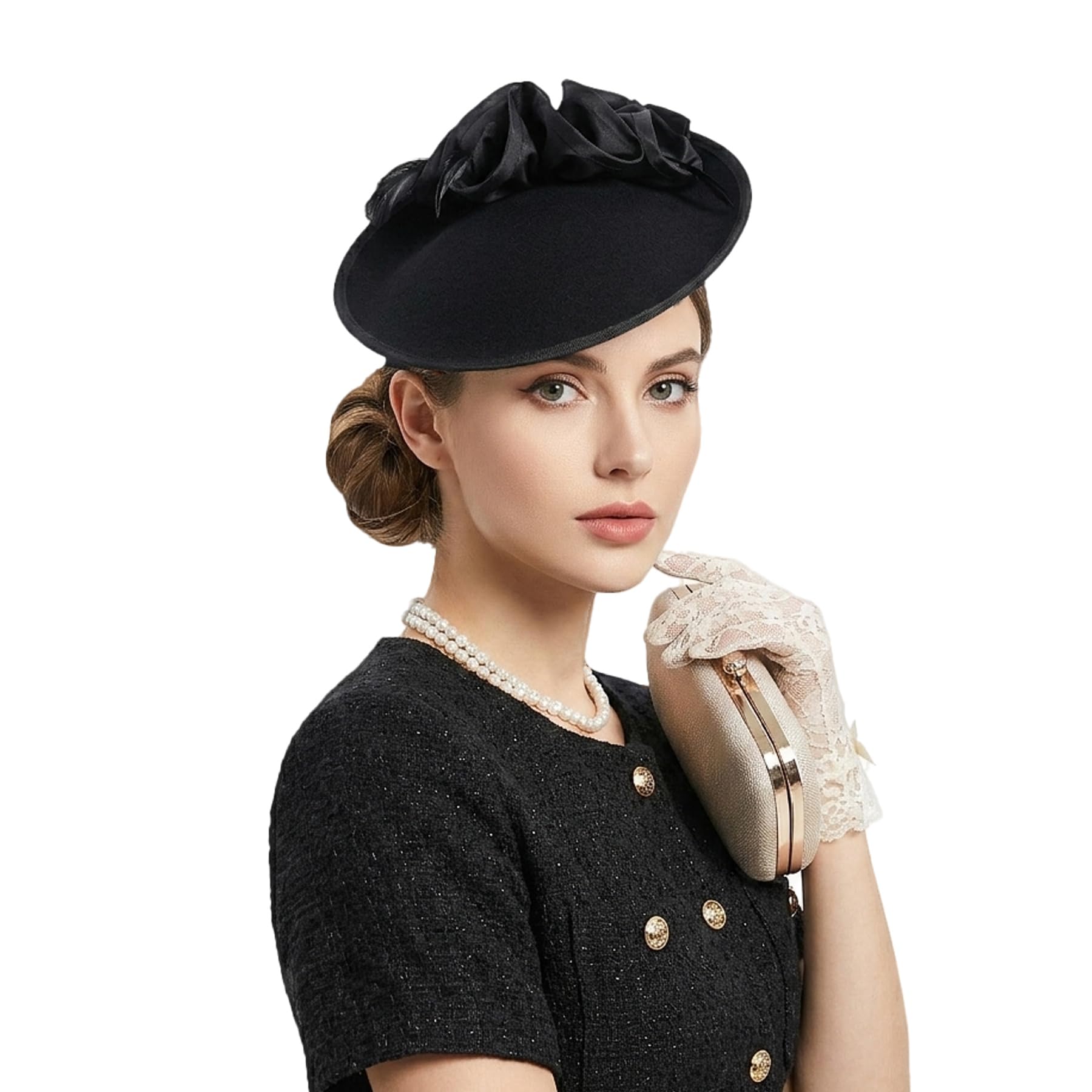 F Fadves Women's Black Wedding Wool Pillbox Fascinators Felt Fedora Hats Flower Derby Church Tilt Hat, S/M