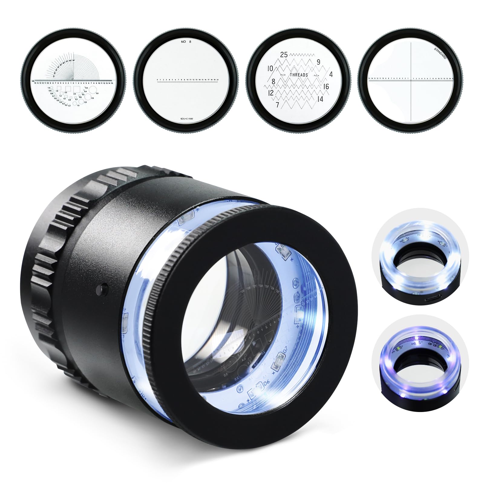 10-Fach Vergrößernde, Wiederaufladbare LED-Schmucklupe mit UV-Licht, Einstellbarem Fokus und Helligkeit | Professionelle Lupe mit Glas-Fadenkreuzskala für Edelsteine, Schmuck, Münzen und Briefmarken