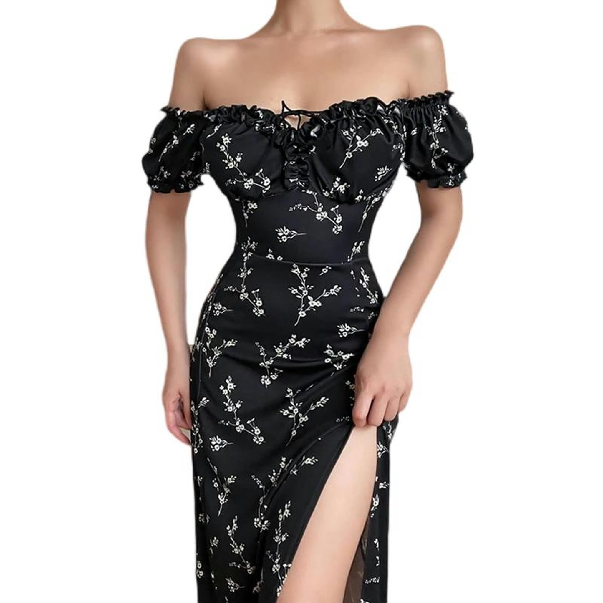 Vestito con Stampa Floreale per Donna, Elegante Abito Lungo con Spacco Alto, Vestito Estivo, Vestidos-Bianco-XS