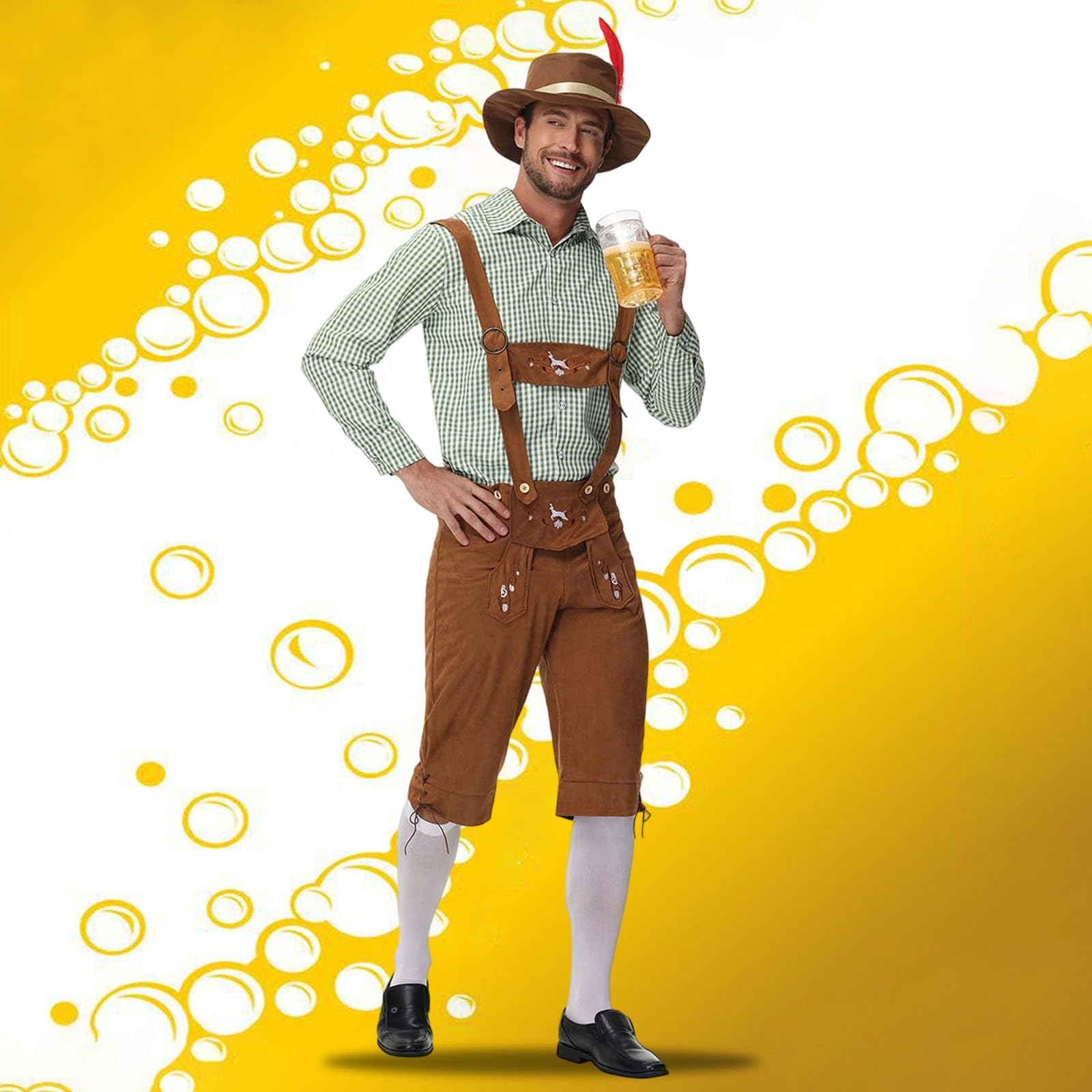 Lederhose Herren Kurz Braun,Lederhosen Mit TräGern Trachtenhose Mit Stickerei Elegant Und Bequem Trachtenhosen Hemd Oktoberfest Lederhose Outfit