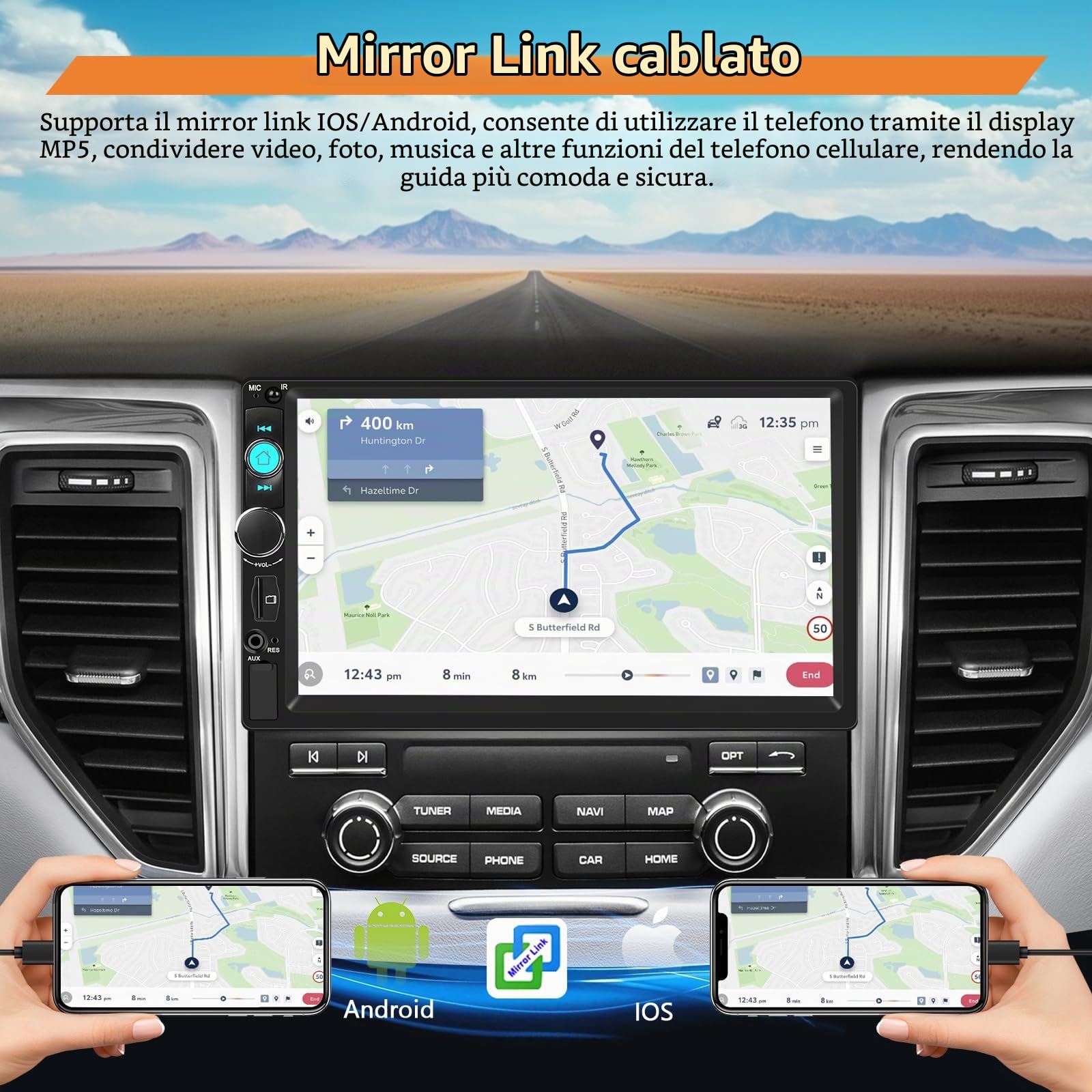Autoradio 2 Din con Bluetooth, 7 Pollici Mirror Link Stereo Auto con Schermo USB FM Radio AUX TF Controllo del Volante Collegamento Mirror per Telefono Android/iOS + Telecamera Posteriore