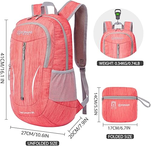 Miniatura 2 de ZOMAKE Mochila pequeña de senderismo, mochila ligera de viaje de 25 litros, mochila plegable para mujeres y hombres, Rojo, S, Mochilas de viaje