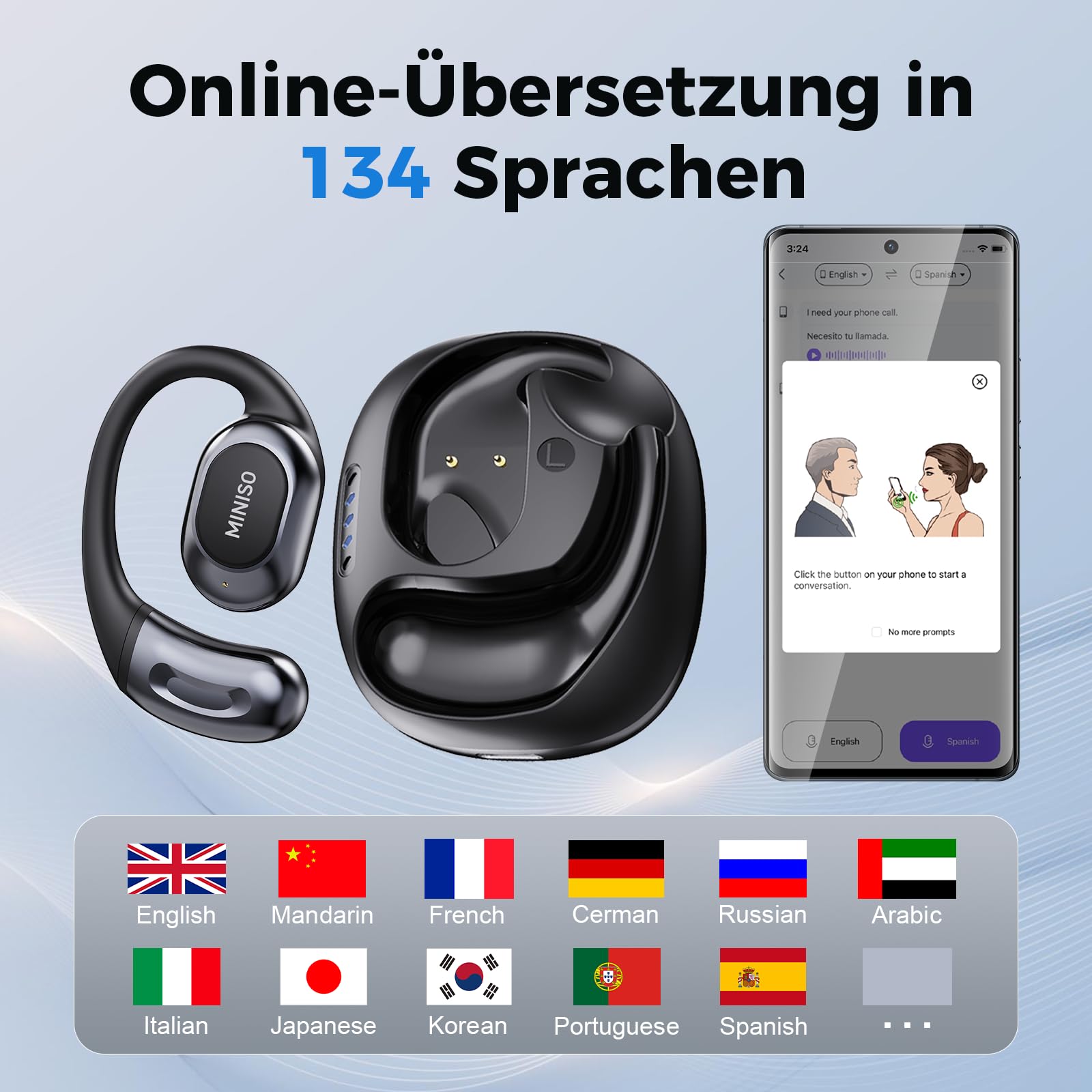MINISO MS156 AI Kopfhörer Übersetzer, 3-in-1 Echtzeit Übersetzungskopfhörer, 134 Sprachen Ohrhörer