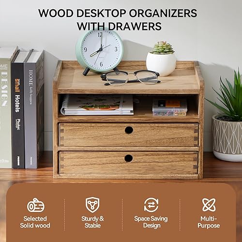 Miniatura 3 de KIRIGEN Gabinete organizador de escritorio con 2 cajones y bandeja, estante de almacenamiento de escritorio de oficina de madera para suministros de