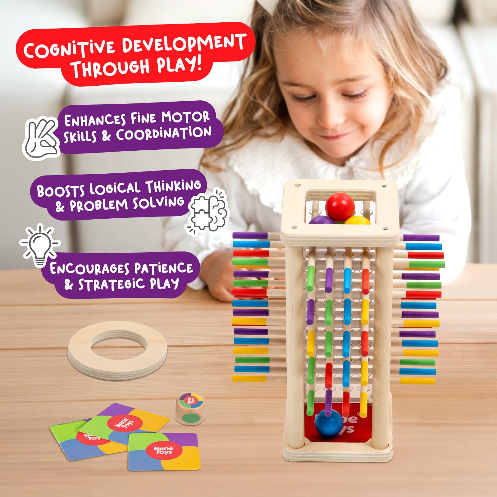 Nene Toys BALLFALL – Giochi Educativi Montessori in Legno per Bambini 3 4 5 6 Anni – Gioco da Tavolo con Bastoncini, Dado e Carte – Regalo per Motricità Fine e Abilità Logiche 3-9 Anni