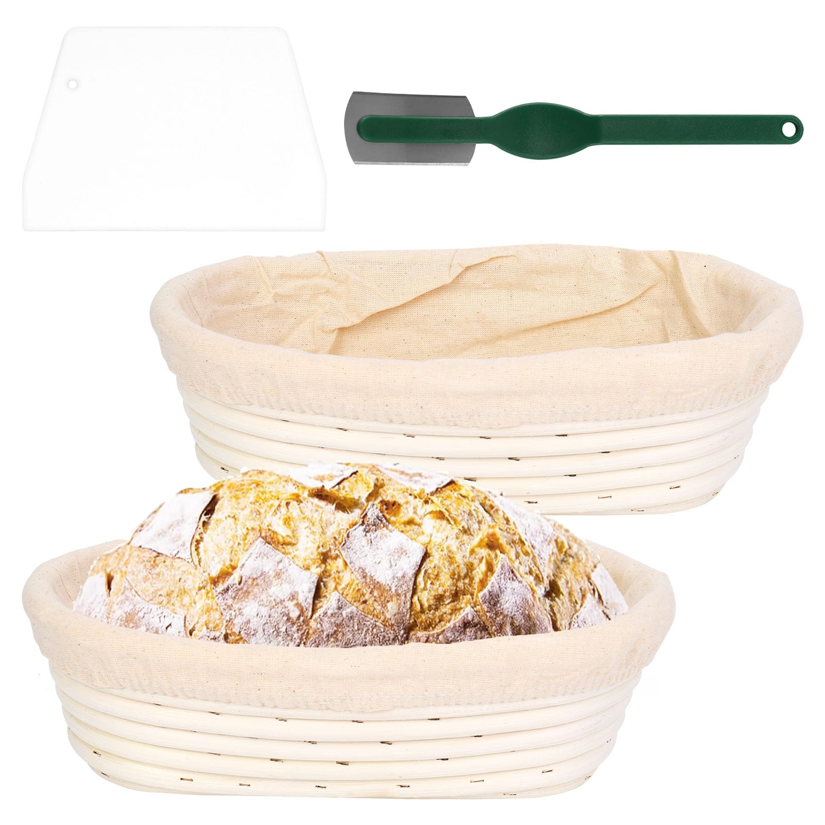 Lot de 2 paniers de fermentation ovales en rotin avec grattoir et lame