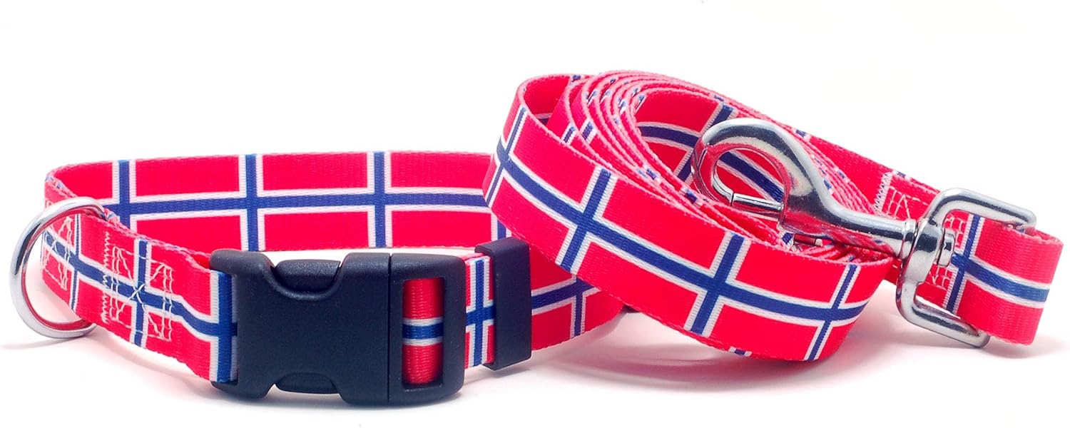 Dog Collar and Leash Set with The Norway Flag | Great for Norwegian Holidays, Special Events, Festivals, Independence Days and Every Day Strong Safe | XSmall Small Medium Large XLarge