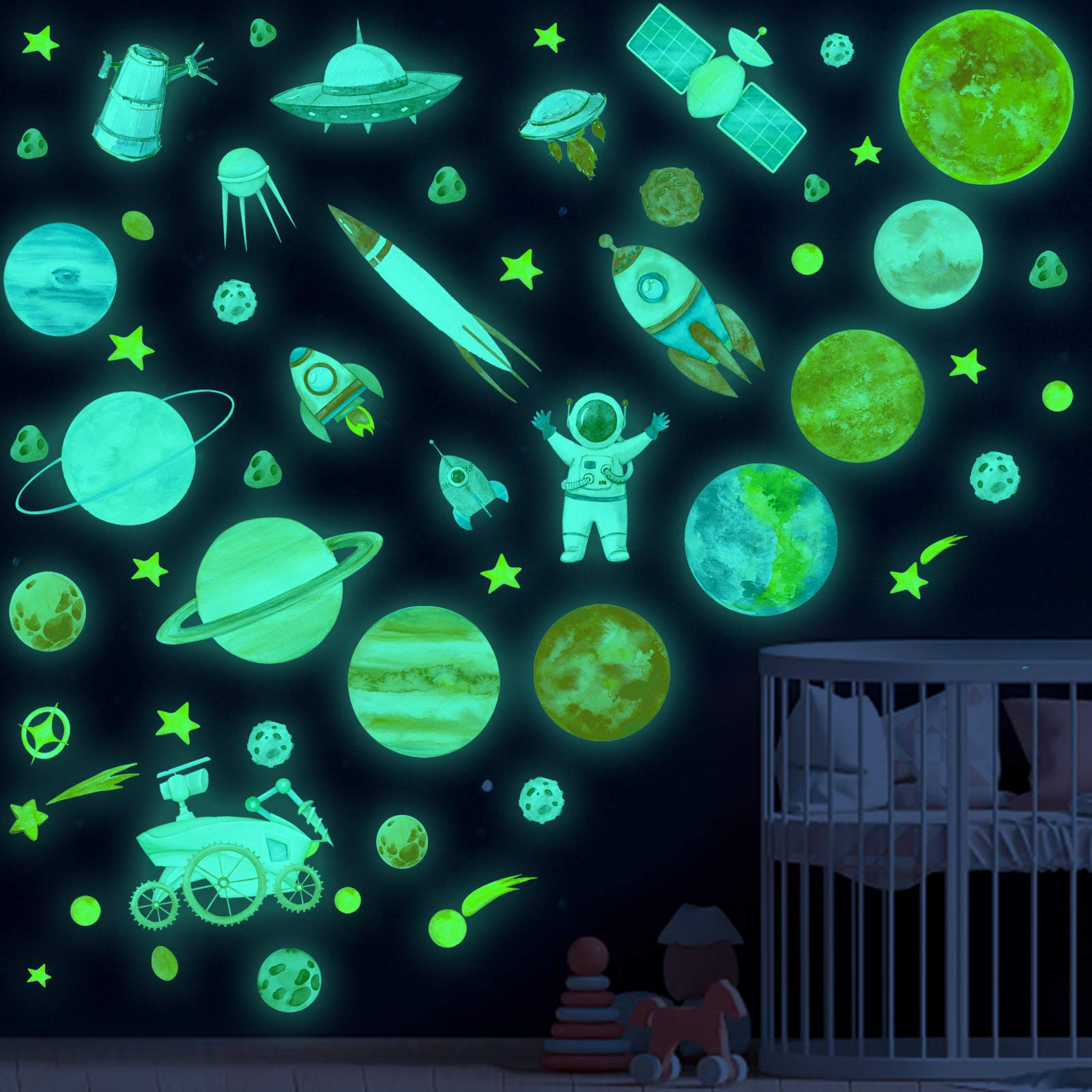 Glow in The Dark Stars and Planet Wall Stickers,Galaxy Astronaut Rocket Spacecraft Alien Decoration,Planet Wall Decals,Bright Solar System Wall Stickers for Kids, lanets Spaceship Stars Decal Decor
