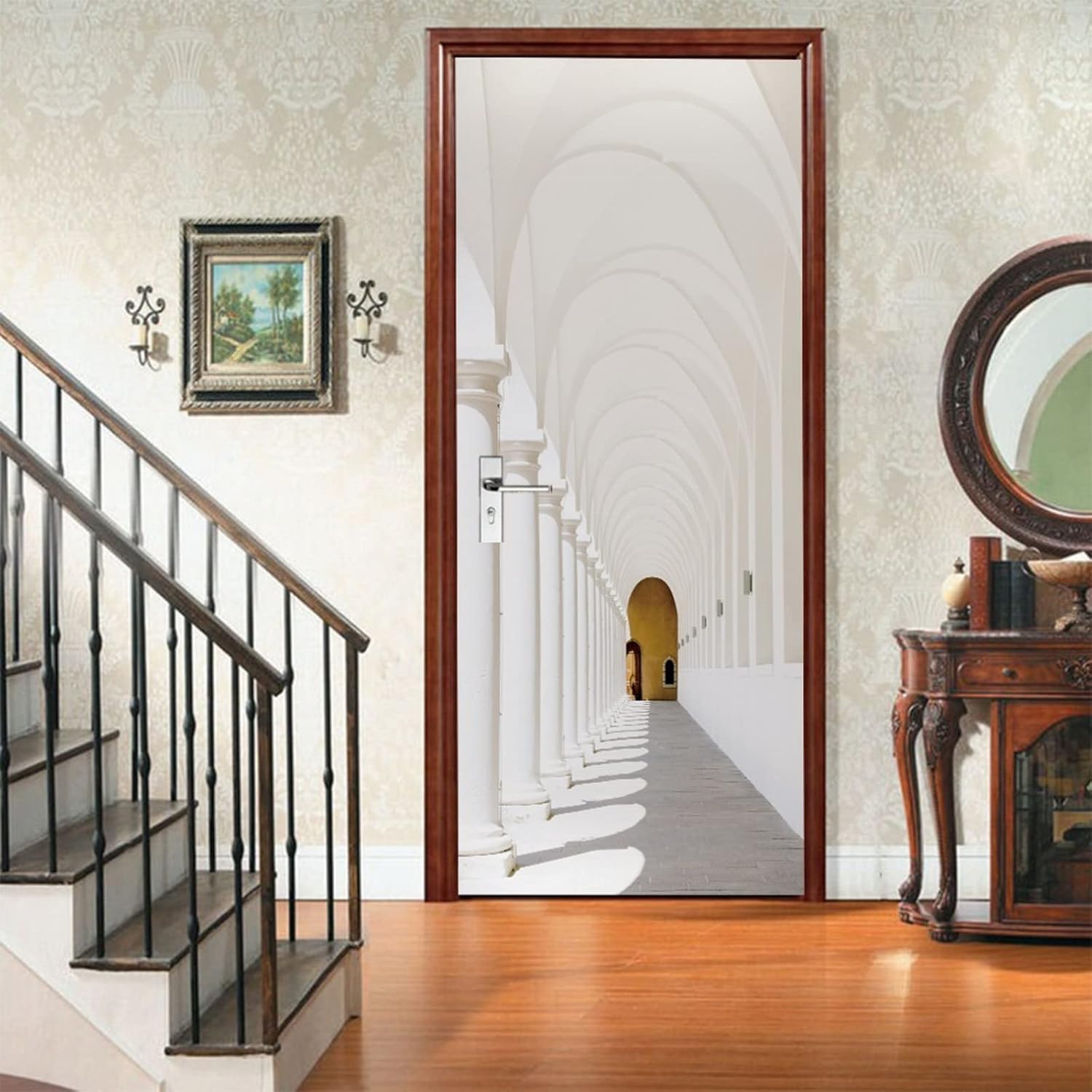 A.Monamour 3D Door Stickers for Interior Doors A White Architectural Tunnel Gallery of White Columns Vinyl Removable Self Adhesive Door Poster Wallpaper Mural Decals for Bedroom Office 77x200cm
