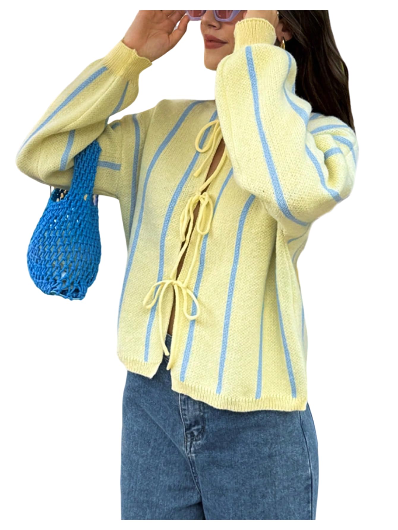 MakeMeChic Womens Fall Striped Cardigan Long Sleeve Crew Neck Tie Front Sweater Knitwear