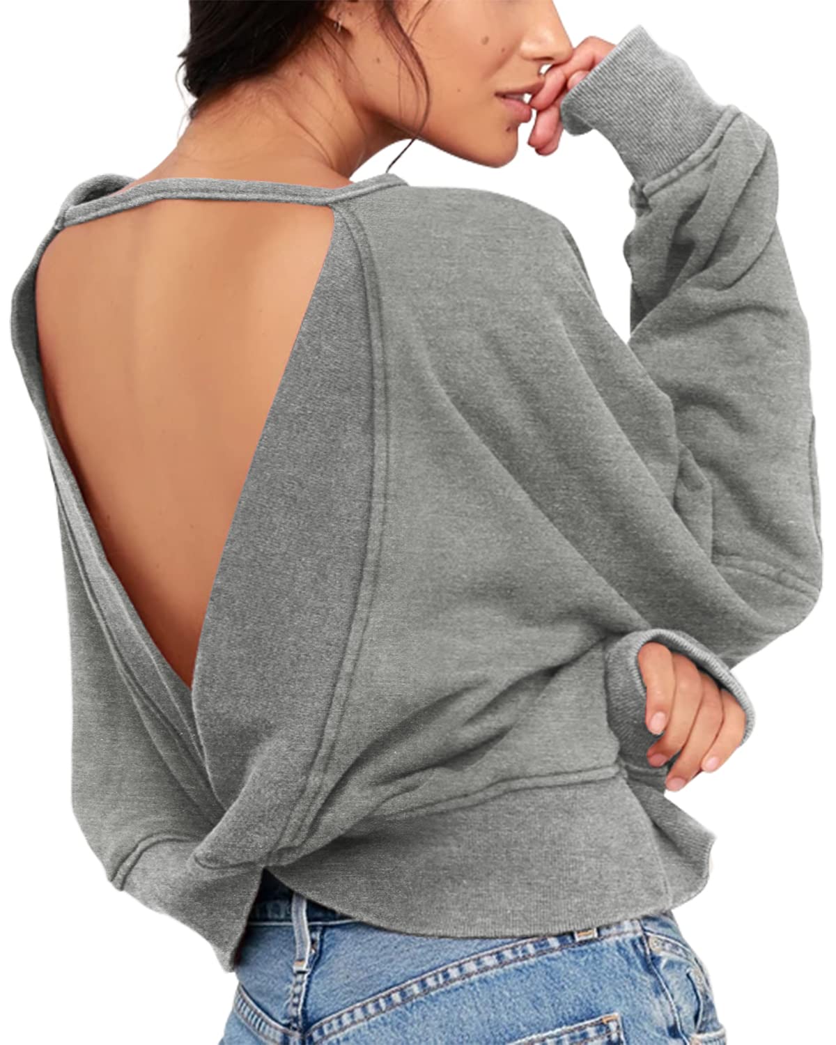 ReachMe Womens Open Back Sweatshirts Crop Backless Long Sleeve Shirts Off The Shoulder Crewneck Workout Tops