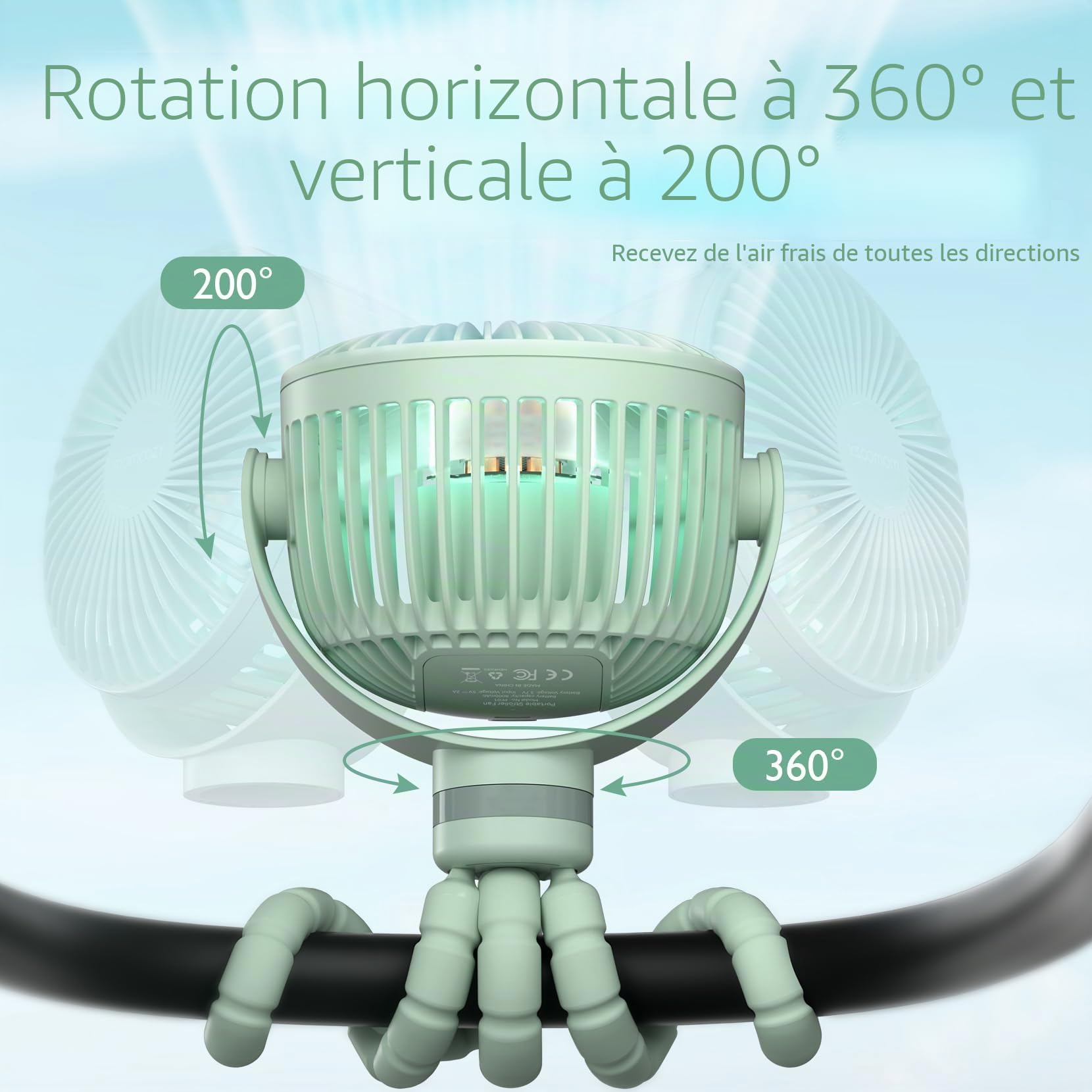 momcozy 8000mAh Ventilateur de Poussette Portable, Batterie de 27 Heures, Rotation Détachable à 4 Vitesses à 360 °, Veilleuse,Ventilateur de Rechargeable par USB,Voyage, Siège, Chambre (vert clair)