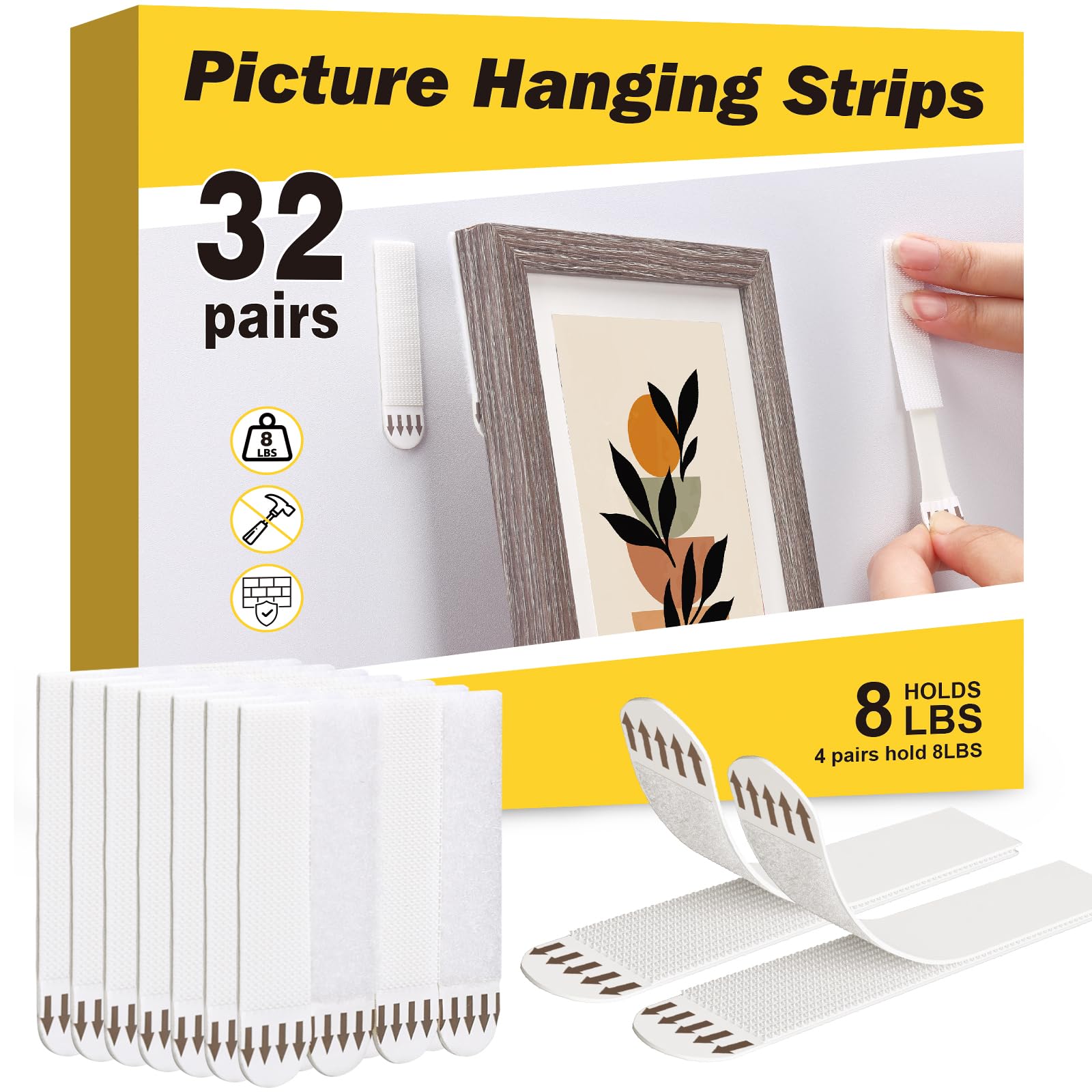 Fixwal Picture Hanging Strips Kit, 32 Pairs(64 Strips) Medium Size Heavy Duty Picture Hanger Kit, Removable Damage Free,Picture Hanging Hooks for Living Room,Bedroom, 0.63"x 2.8"(White)