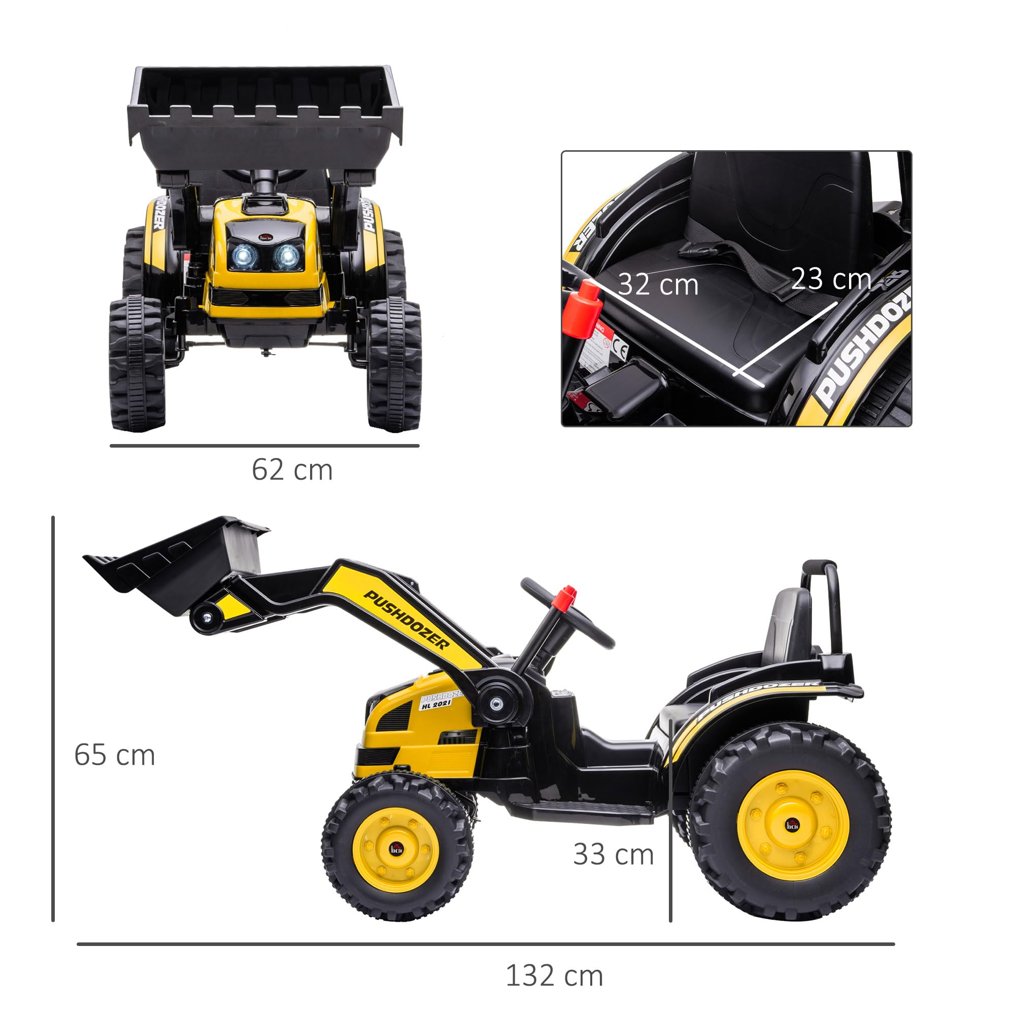 HOMCOM Kinder Elektrobagger Sitzbagger für Kinder Aufsitzbagger Geländewagen Traktor elektrisch zum Fahren mit Musik Schaufel Armen 3–5 Jahre PP-Kunststoff Stahl Gelb 132 x 62 x 65 cm