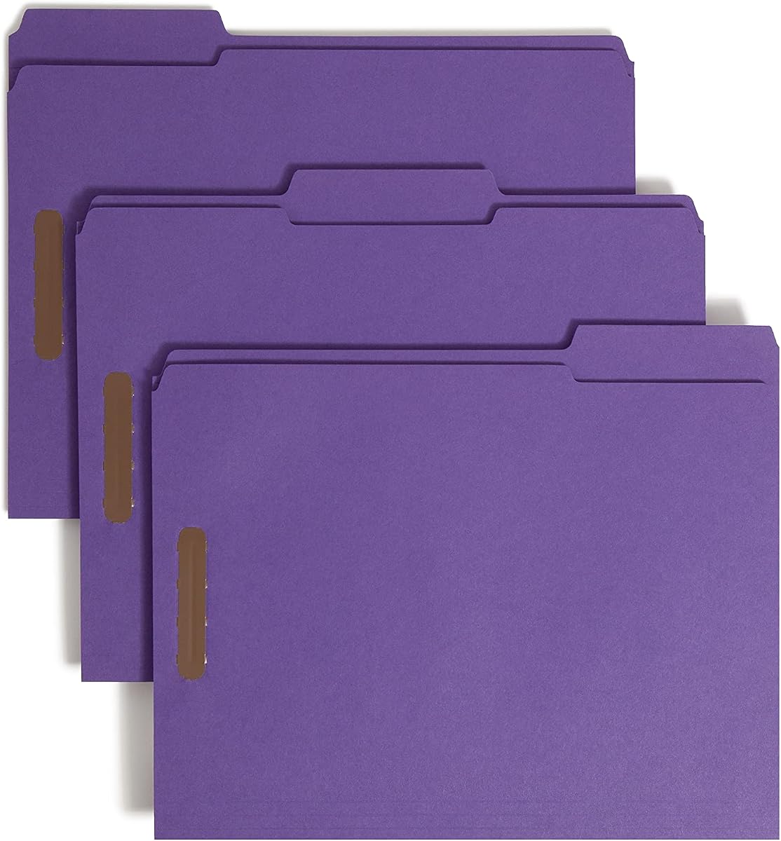 Carpetas de archivos Smead Fastener, pestañas reforzadas de corte 1/3, 2 sujetadores, tamaño carta, morado, 50 por caja (13040)