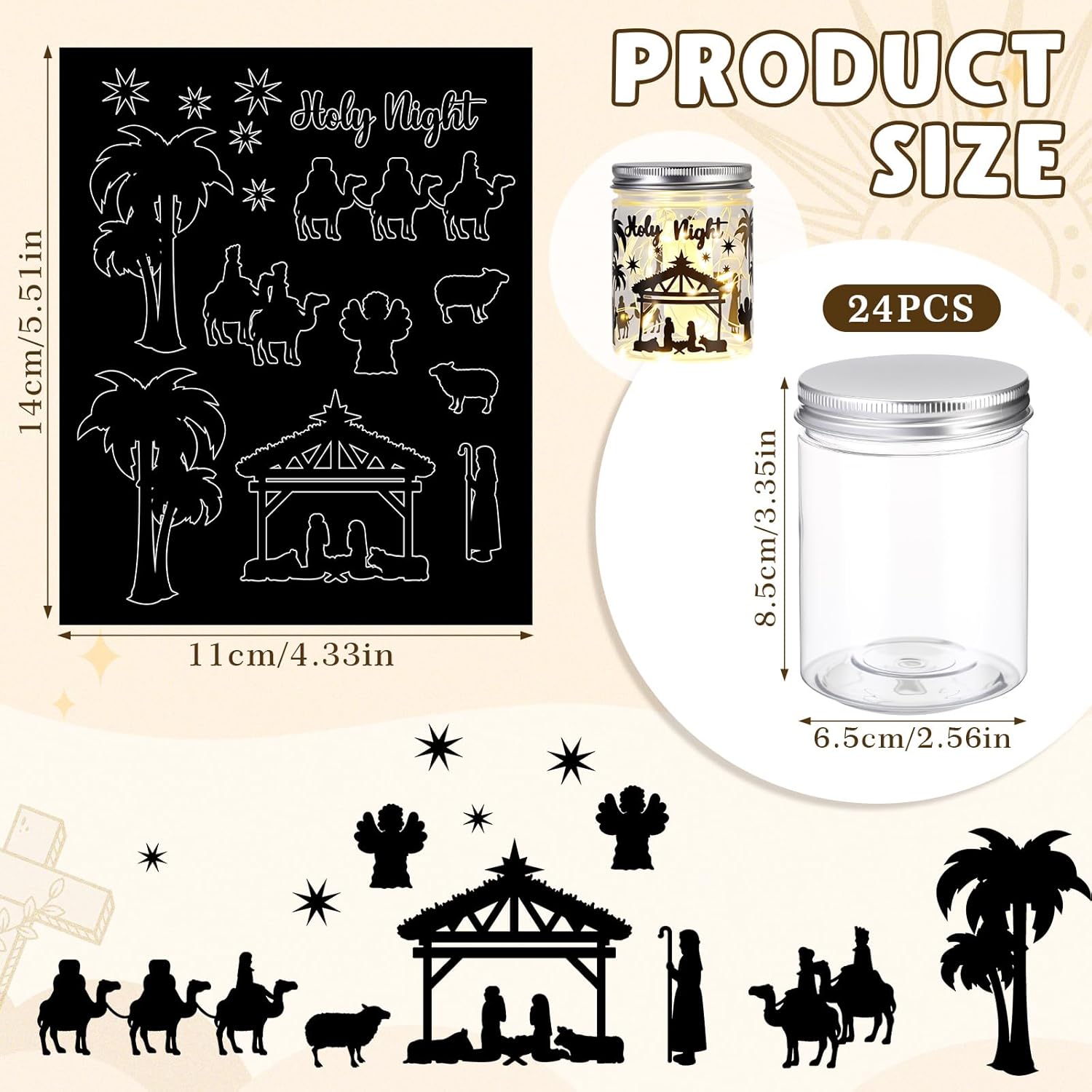 48 Pcs/24 Sets Nativity Stickers with Mason Jars Christmas Nativity Scene DIY Craft Kit Silhouette Cutouts Religious Holy Night Vinyl Jar Decals for Christian Sunday School Church Activity