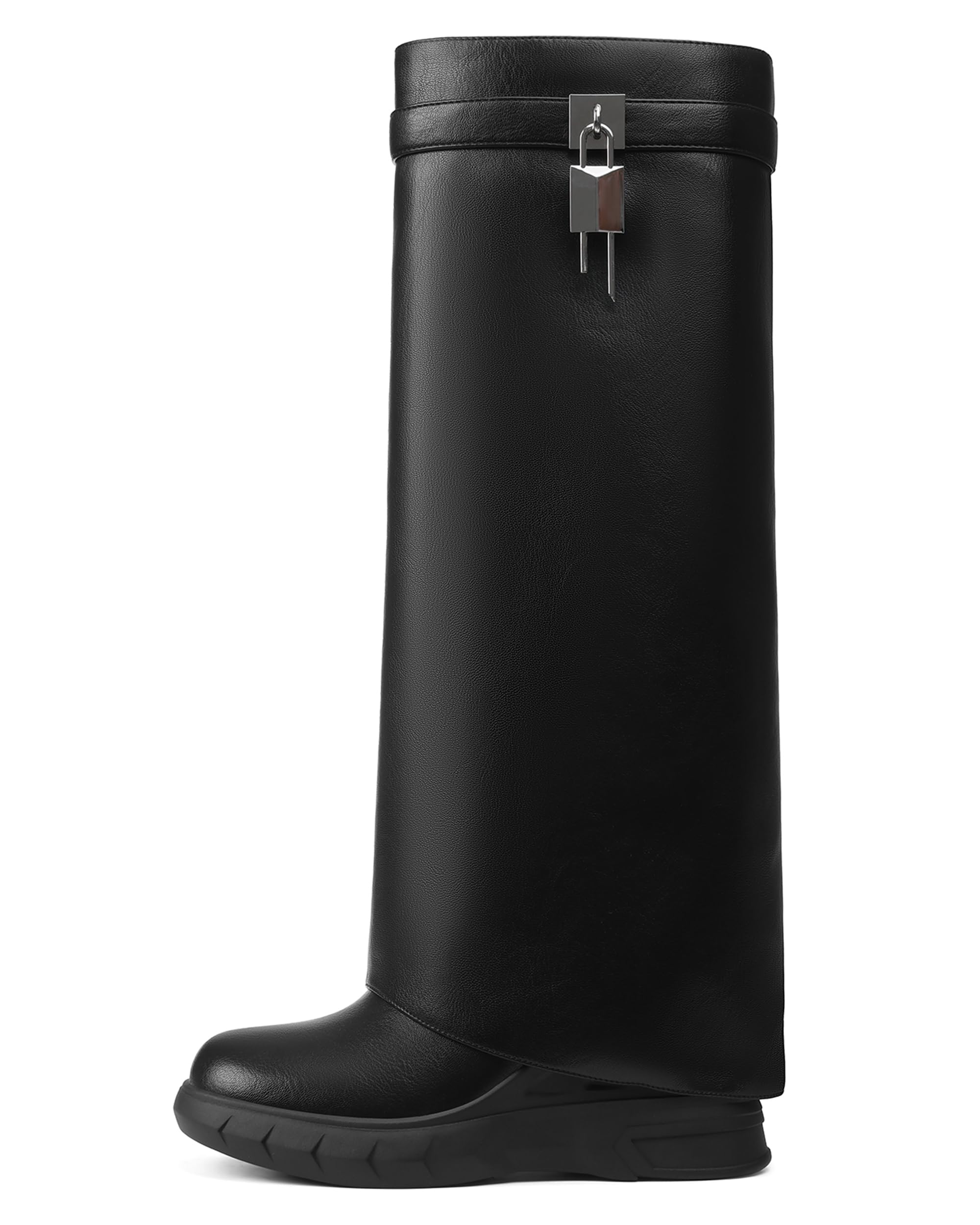 Womens Black Knee High Boots Wide Calf Fold Over Round Toe Platform Chunky Wedge Heel Shark Boots Pull-on