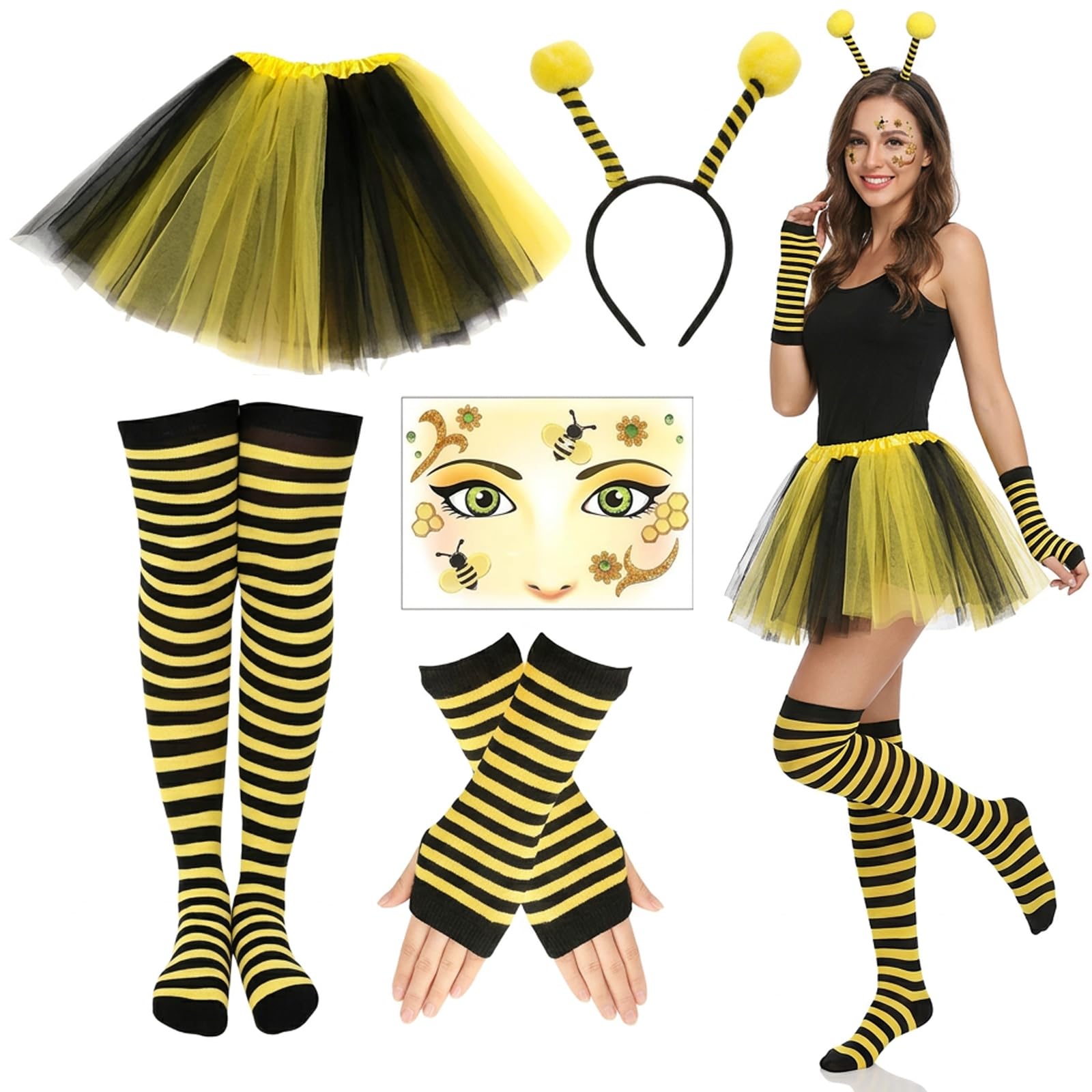 WsiQxuc Bee Costume, Bumble Bee Outfit for Adults, Fancy Dress for World Book Day and Halloween Parties, Complete Set with Skirt, Headband, Socks and Gloves