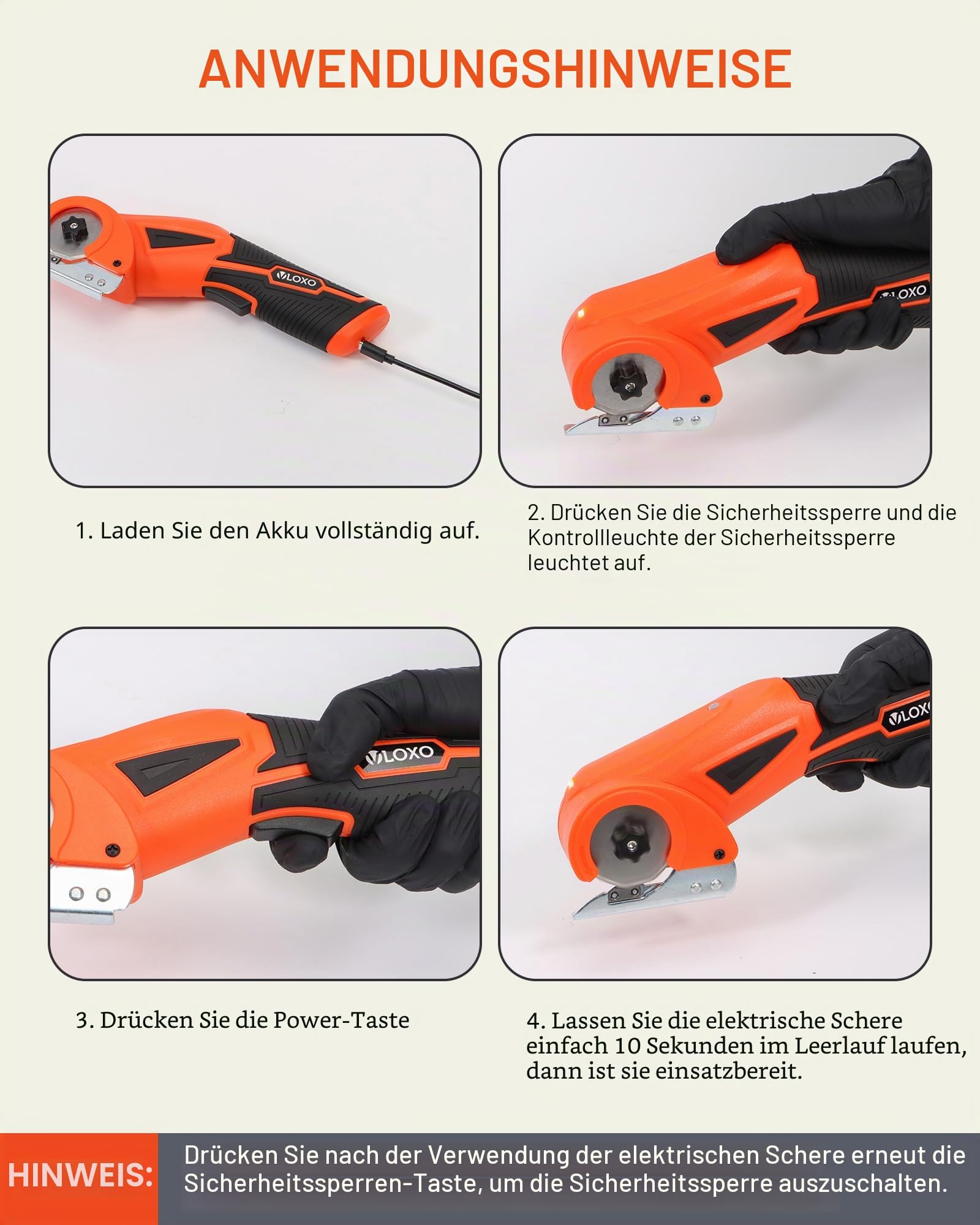 VLOXO Kartonschneider 4V Elektrische Schere Akku Universalschneider mit Leuchtung und 2 Edelstahlklingen Wiederaufladbarer Rotationsschneider Set mit Koffer für Pappe Teppich Leder Kunststoff