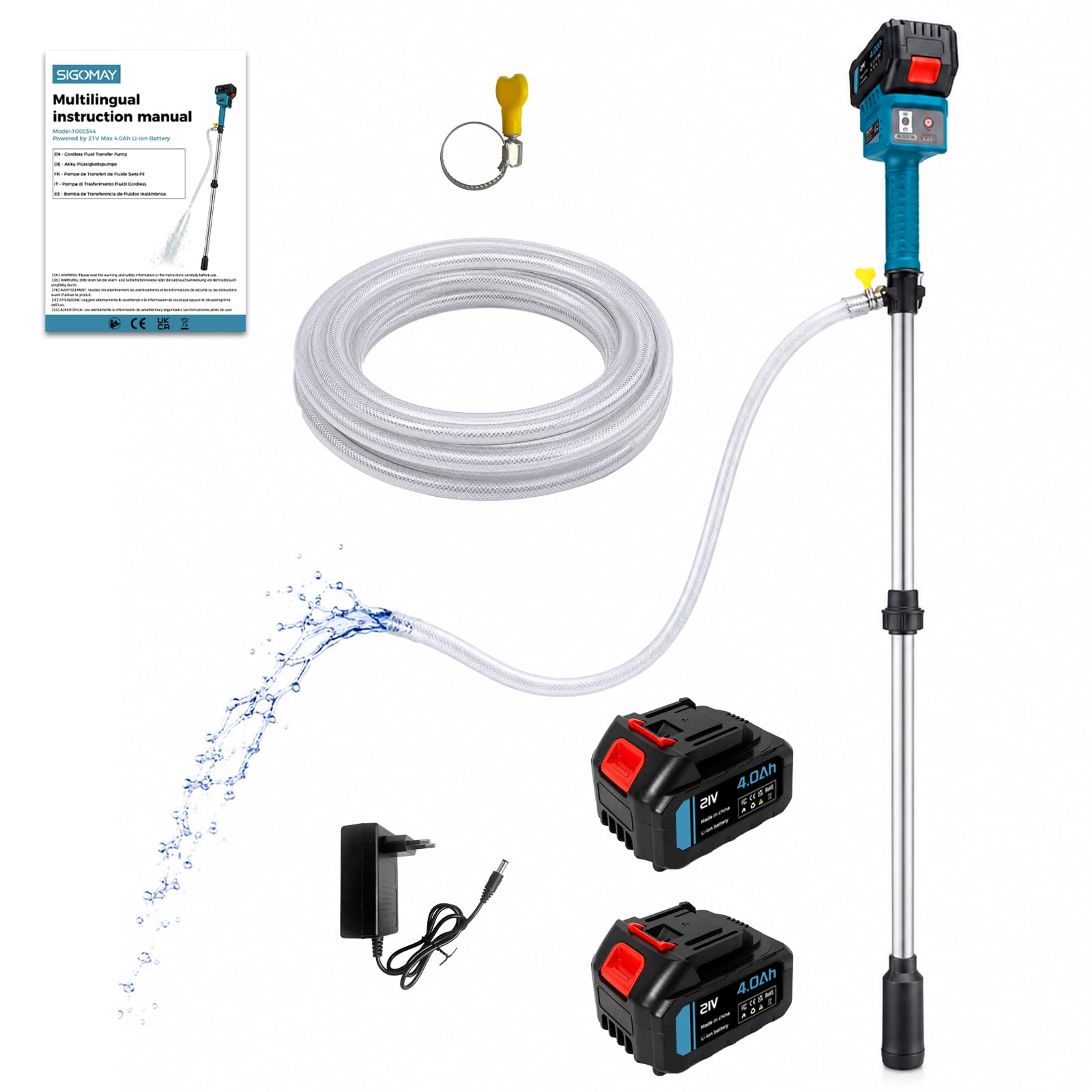 Pompa travaso liquidi a batteria, compatibile con batteria Makita 18V, Kit pompa olio e pompa acqua con 2x4.0Ah batterias e caricabatterie, 3 velocità max. 2400 L/h, per cisterna, piscina