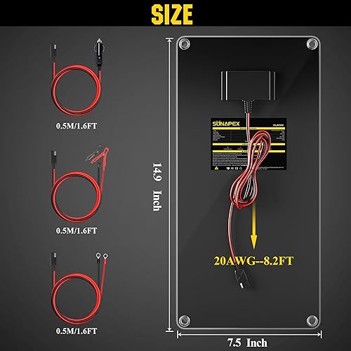 Miniatura 9 de SUNAPEX Mantenedor de cargador de batería de panel solar de 10 W y 12 V, cargador solar portátil impermeable con controlador de carga integrado,