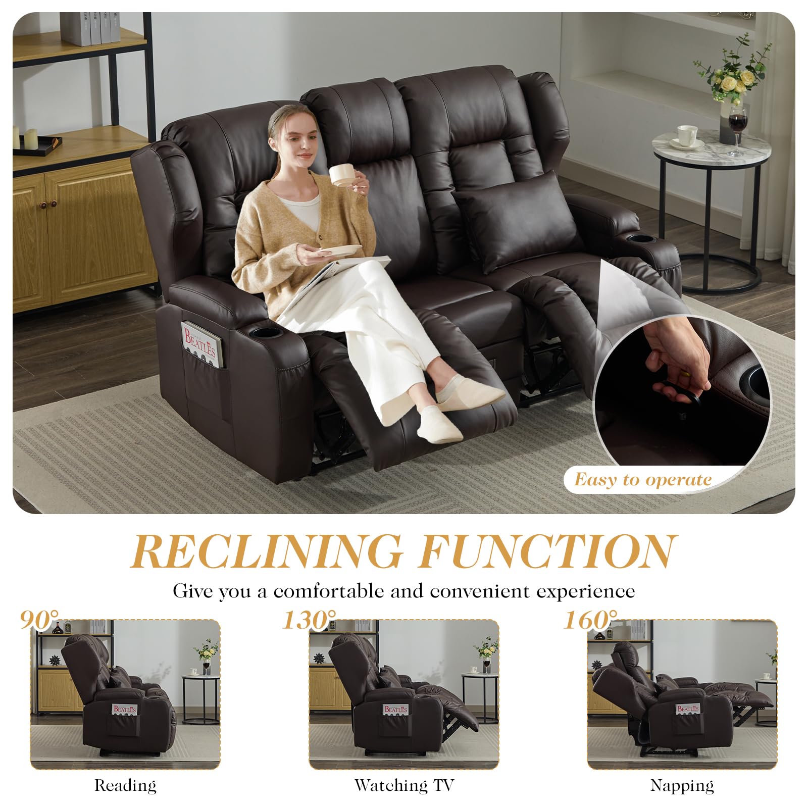Kinosessel 2-Sitzer manuell, Relaxsessel mit Liegefunktion & Getränkehalter, Doppel-Fernsehsessel Relaxsofa verstellbar mit Klappkonsole, Heimkino Sofa Zweisitzer für Wohnzimmer, Kunstleder