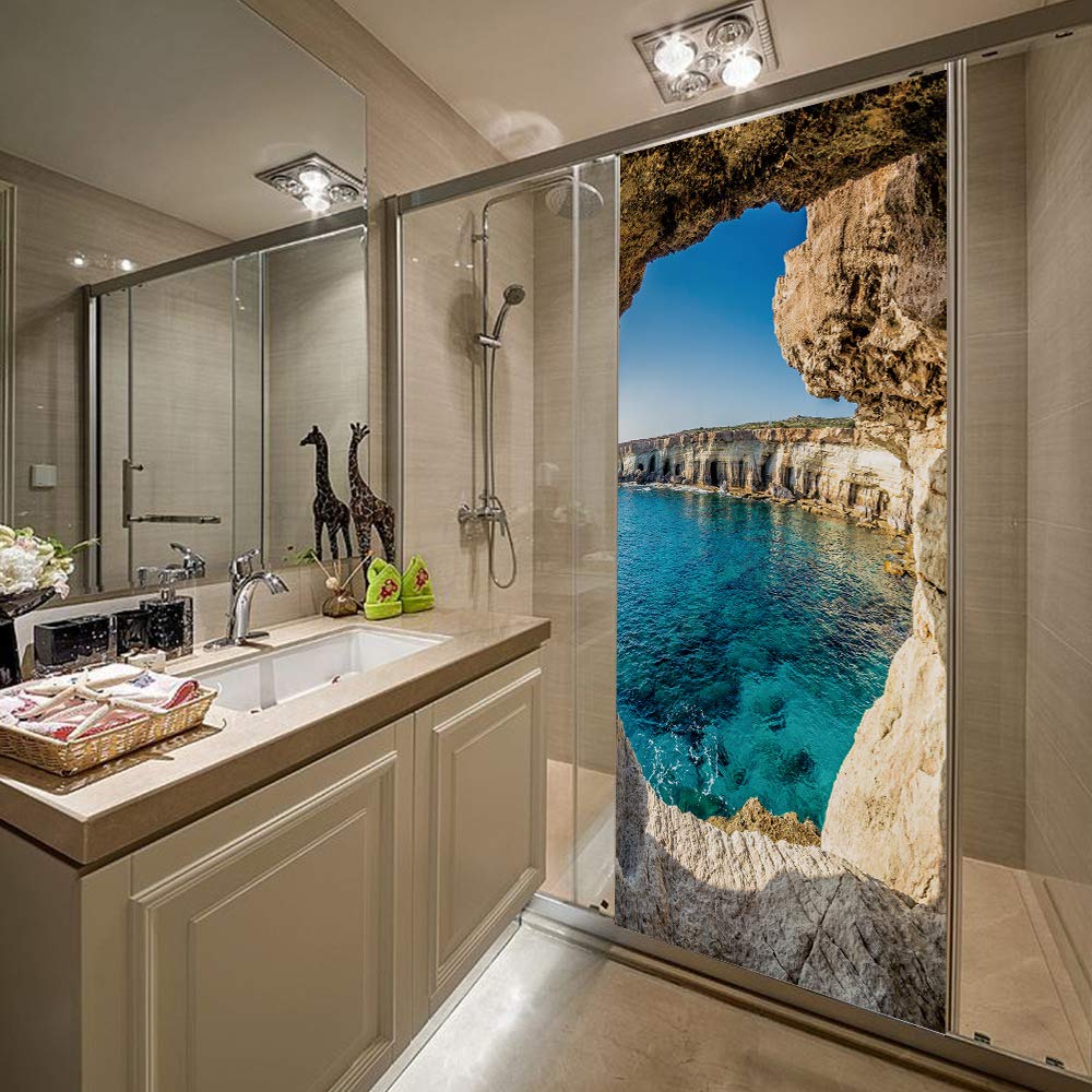 Sticker de porte trompe l'oeil entrée de la grotte vue mer étanche et amovible 88x200