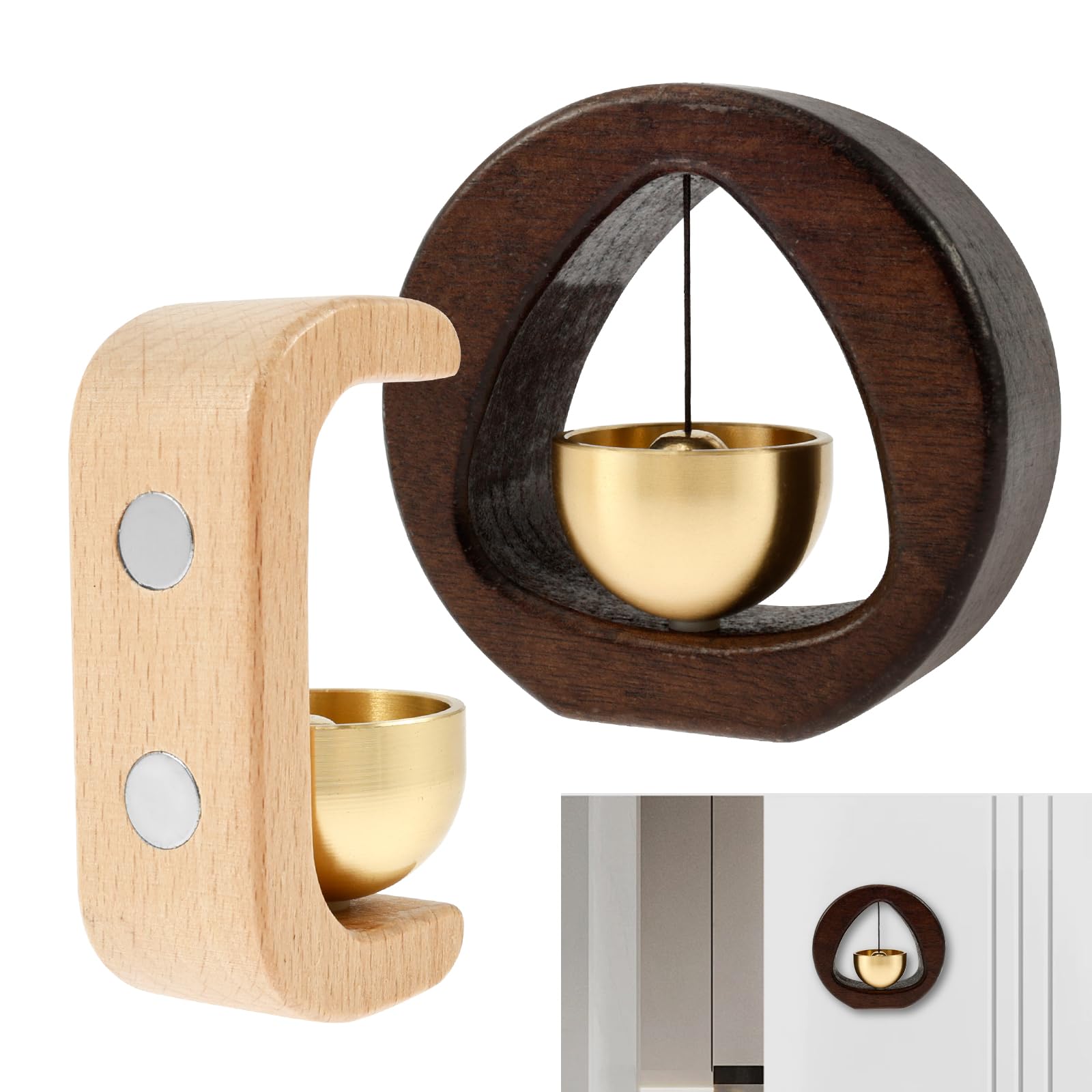 2 Pcs Magnetic Wood Chime, Retro Door Bells for Door Opening, Suction Solid Wood Wind Chimes, Shop Doors Bell, Wooden C Shape Doors Wind Chime for Home Porch and Restaurant Decoration