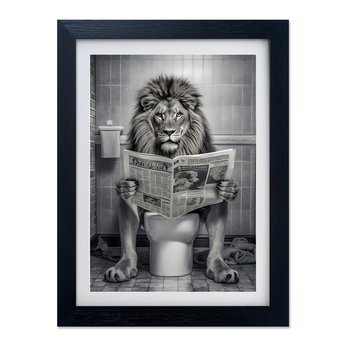 Bathroom Wall Decor Black and White Lion in Toilet Picture Print Funny Bathroom Wall Art Animal Artwork