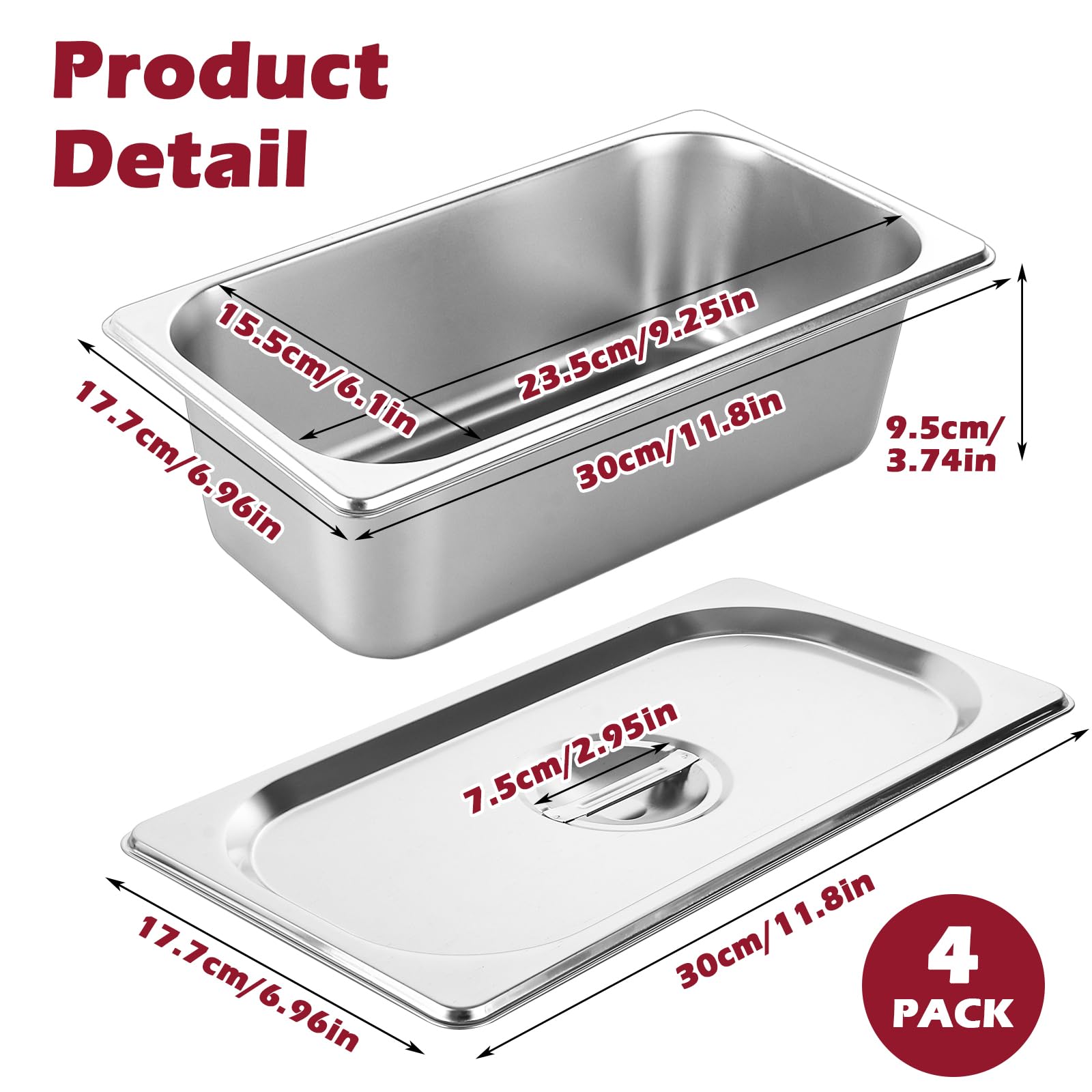 Paquete de 4 sartenes Gastronorm de 1/3 con tapas, 325 x 175 x 100 mm, recipientes de acero inoxidable de 1/3 GN, recipientes de alimentos con tapas