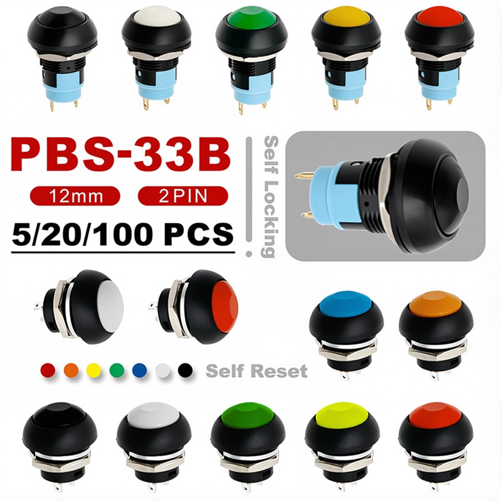 5/20/100PCS PBS-33B 2Pin Mini Switch 12mm 12V 1A Wodoodporny Chwilowy Przełącznik Przyciskowy Reset Blokada(Red Reset,100PCS)