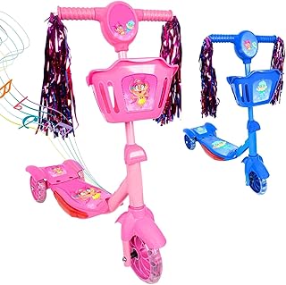 Patinete Infantil 3 Rodas com Luzes Led e Cesta Emite Som Musical Altura Regulável e Freio Traseiro (Rosa)