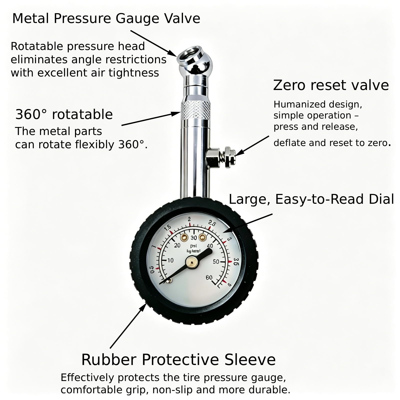 Ncheli Manometro Pressione Gomme Meccanico, 0-4,1 Bar/60 PSI, Analogo Preciso Calibrato, Testina Girevole 360° e Quadrante Ampio, Custodia Gomma Antiurto Auto/SUV/Furgone