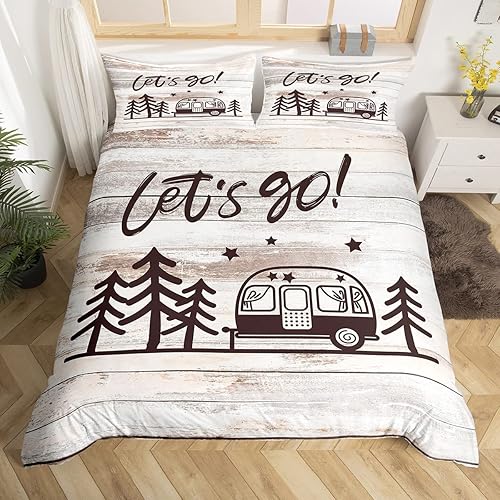 Juego de funda de edredón con temática de campista, juego de ropa de cama de madera beige para niños y niñas, decoración de habitación de niños,