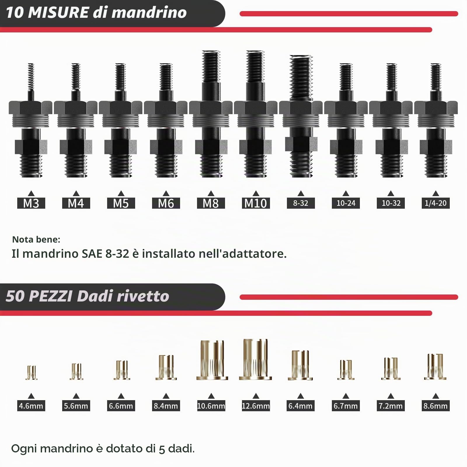Beaspire Rivettatrice per Trapano e Avvitatore a Batteria – Kit Rivetto Dado con 10 Mandrini e 50 Dadi Rivetti (M3-M10), Adattatore Professionale