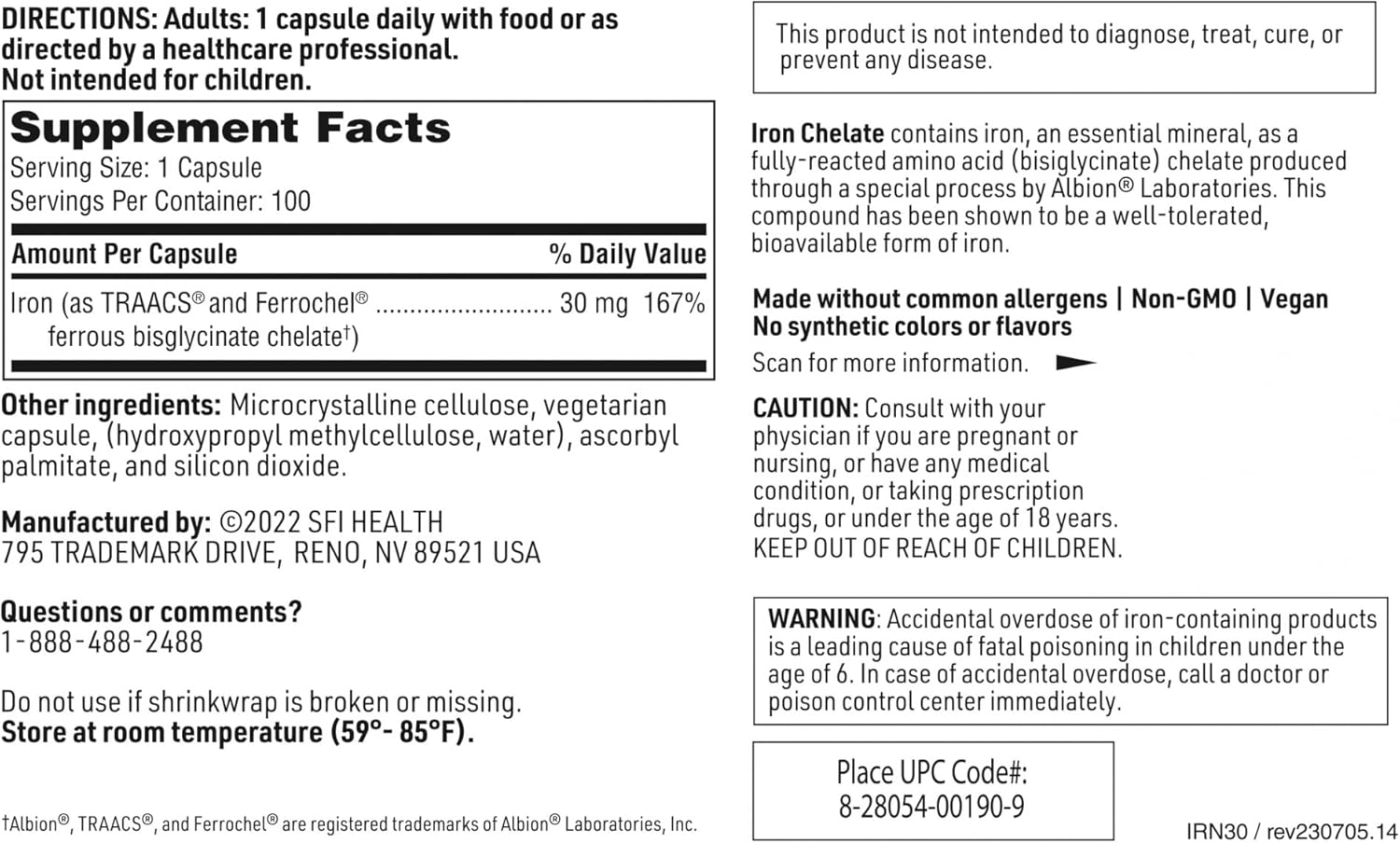 Klaire Labs SFI Health Iron Bisglycinate Chelate Supplement - 30mg Ferrous Bisglycinate Chelate - Designed to be Well-Tolerated, Well-Absorbed & Gentle on Stomach - Hypoallergenic (100 Capsules)