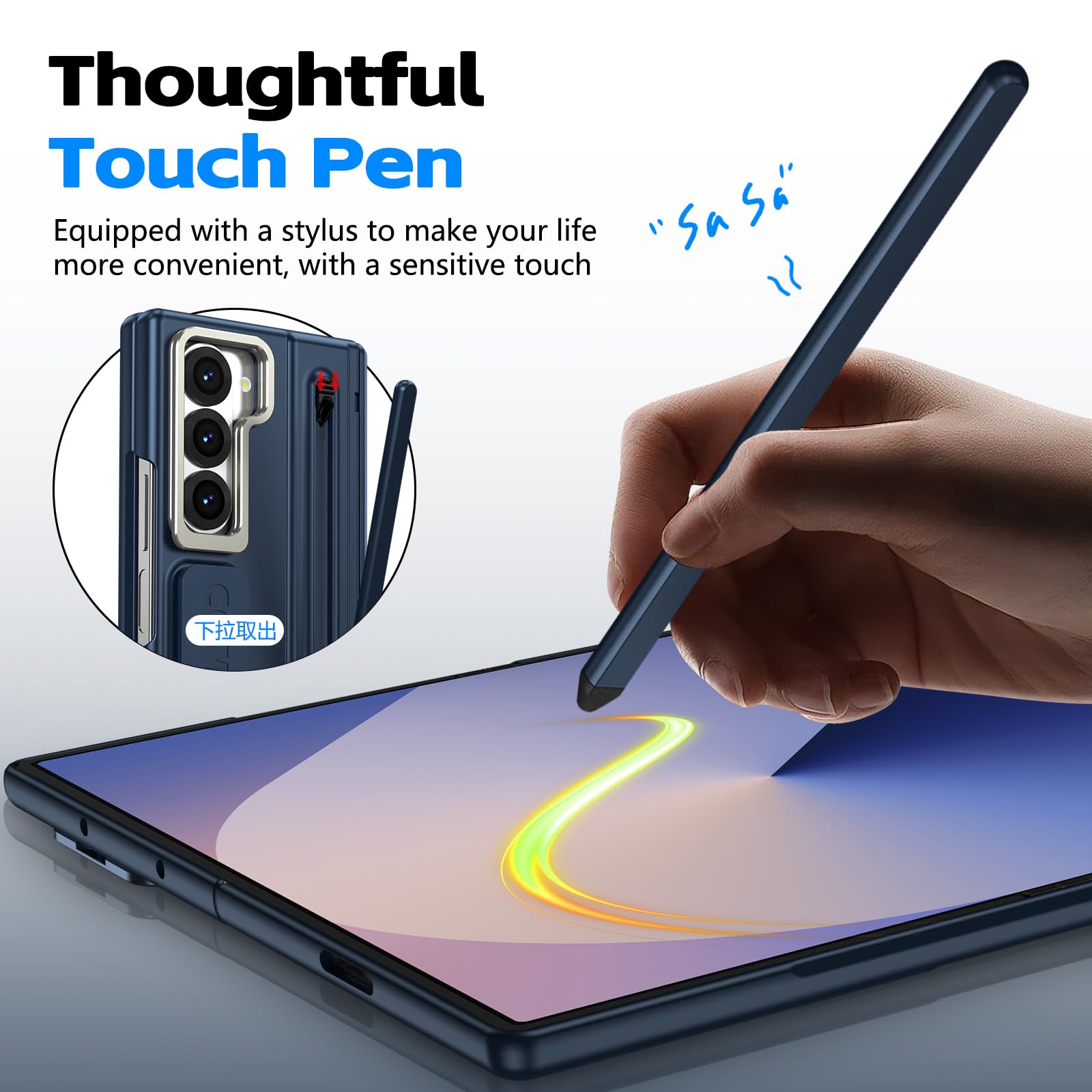 Etui do Galaxy Z Fold 6 z paskiem na palec, ochroną zawiasów, wbudowanym uchwytem na długopis i rysikiem, podpórka do Samsung Galaxy Z Fold6 z osłoną ekranu - ciemnoniebieskie