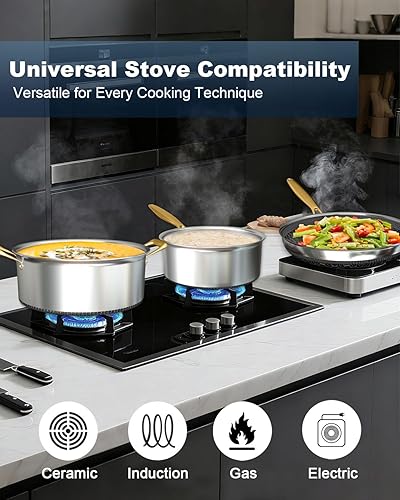 Miniatura 4 de FogDream Juego de 5 piezas de utensilios de cocina de acero inoxidable, juego de ollas y sartenes tricapa, sartenes antiadherentes, olla de sopa y