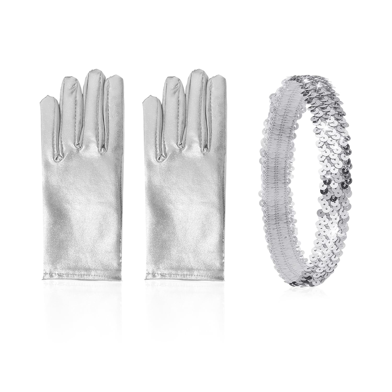 Nidhfg Unisex Silver 1 Pair Of Sequined Gloves And 1 Headband Of The Same Style, Disco Stage Dress, Retro Shining Shape, Suitable For Parties, Performances, Music Festivals And Theme Parties.