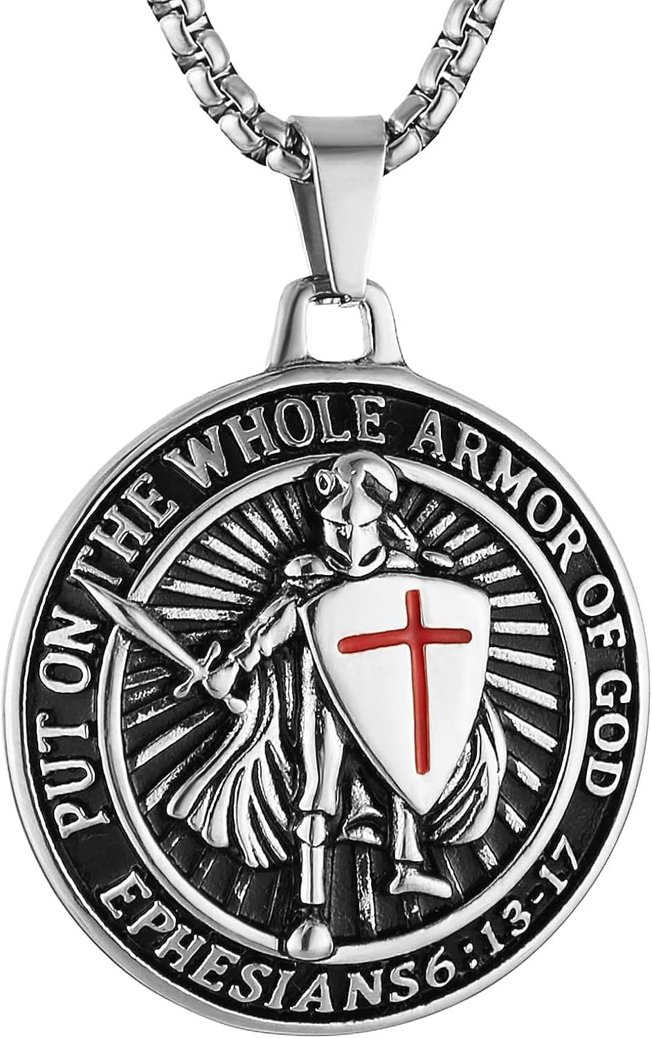 Knights Templar Put On The Whole Armor of God Ephesians 6:13-17 Red Cross Design Pendant Stainless Steel Men's Necklace