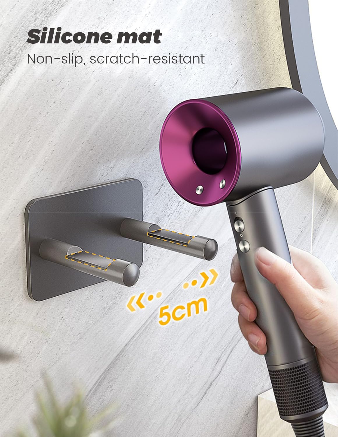 Porta Phon Compatibile con Dyson, Adesivo, Appendi Phon Bagno, Porta Asciugacapelli avec Rangement des câbles, Convient pour 3 embouts, en alliage d'aluminium