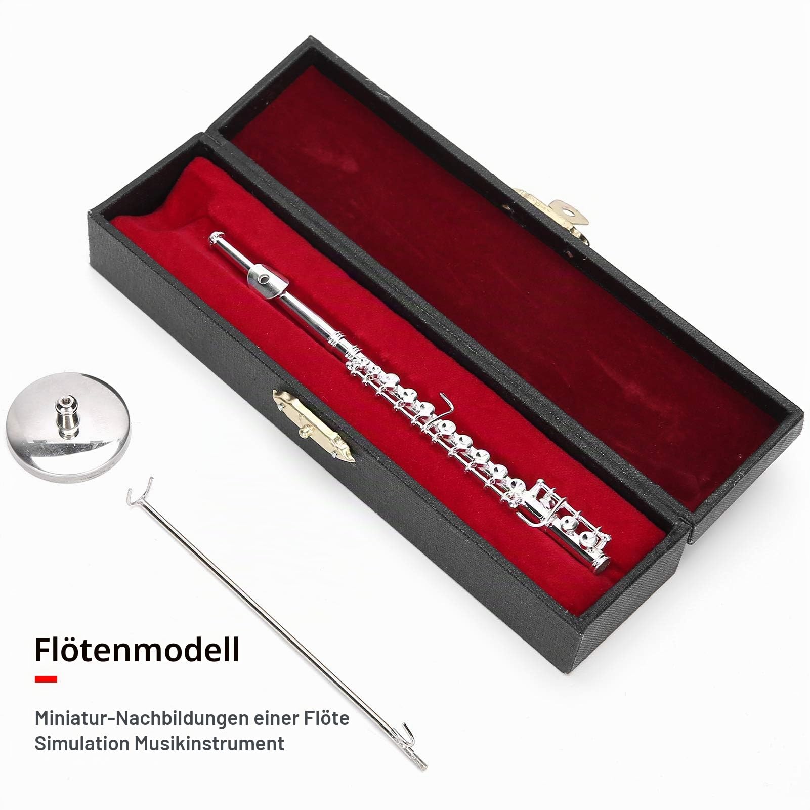 Miniaturflöte mit Ständer, Kupfer Miniaturflöte Flöte Musikinstrument, Mini Flöte Modell mit Ständer und Koffer für Instrumentenmodell Zubehör Geschenk Musikliebhaber